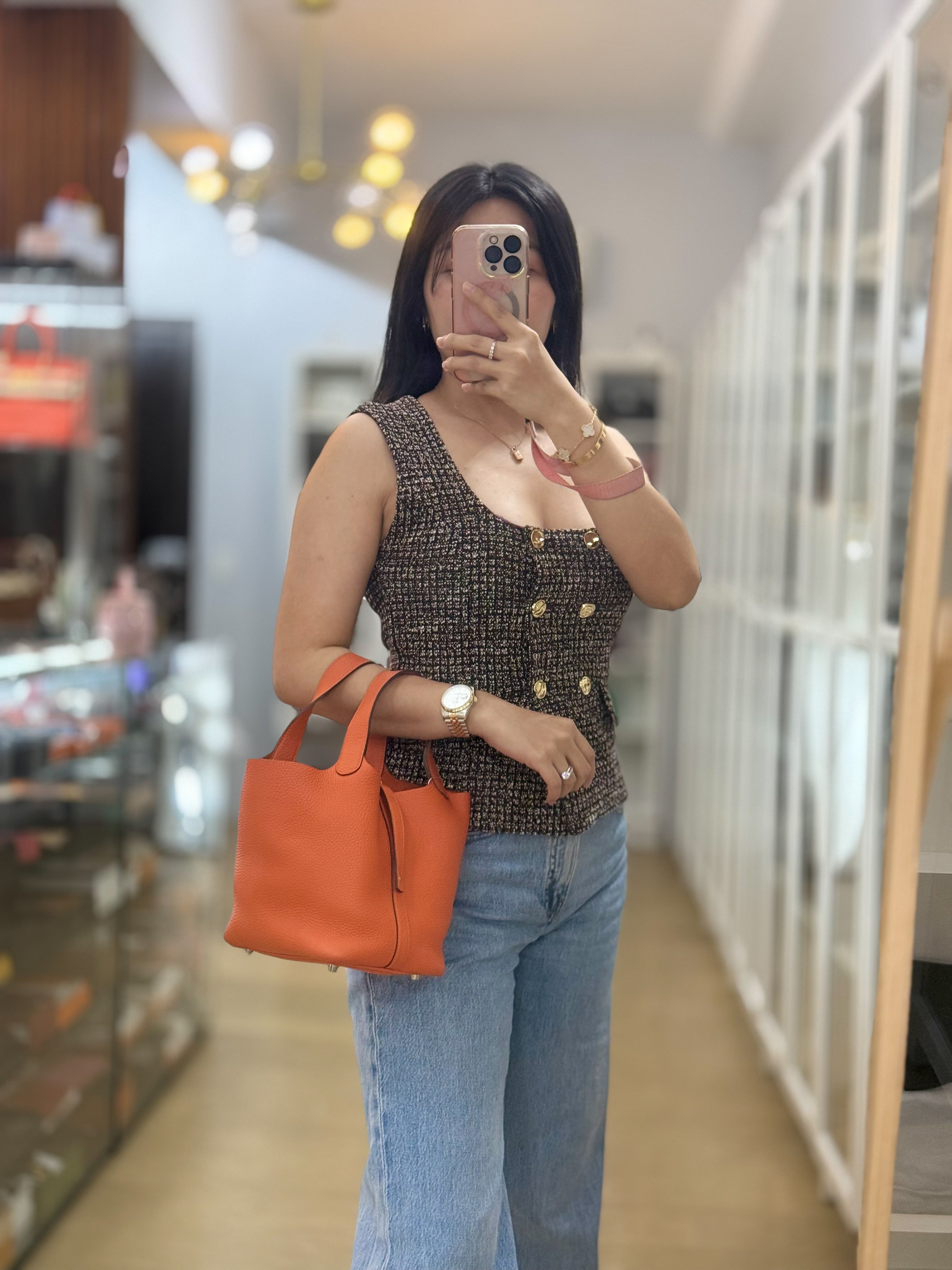 Picotin Lock 18 Taurillion Clemence Orange & Palladium Hardware Stamp Square R | Purse Maison Luxury Bags Shop