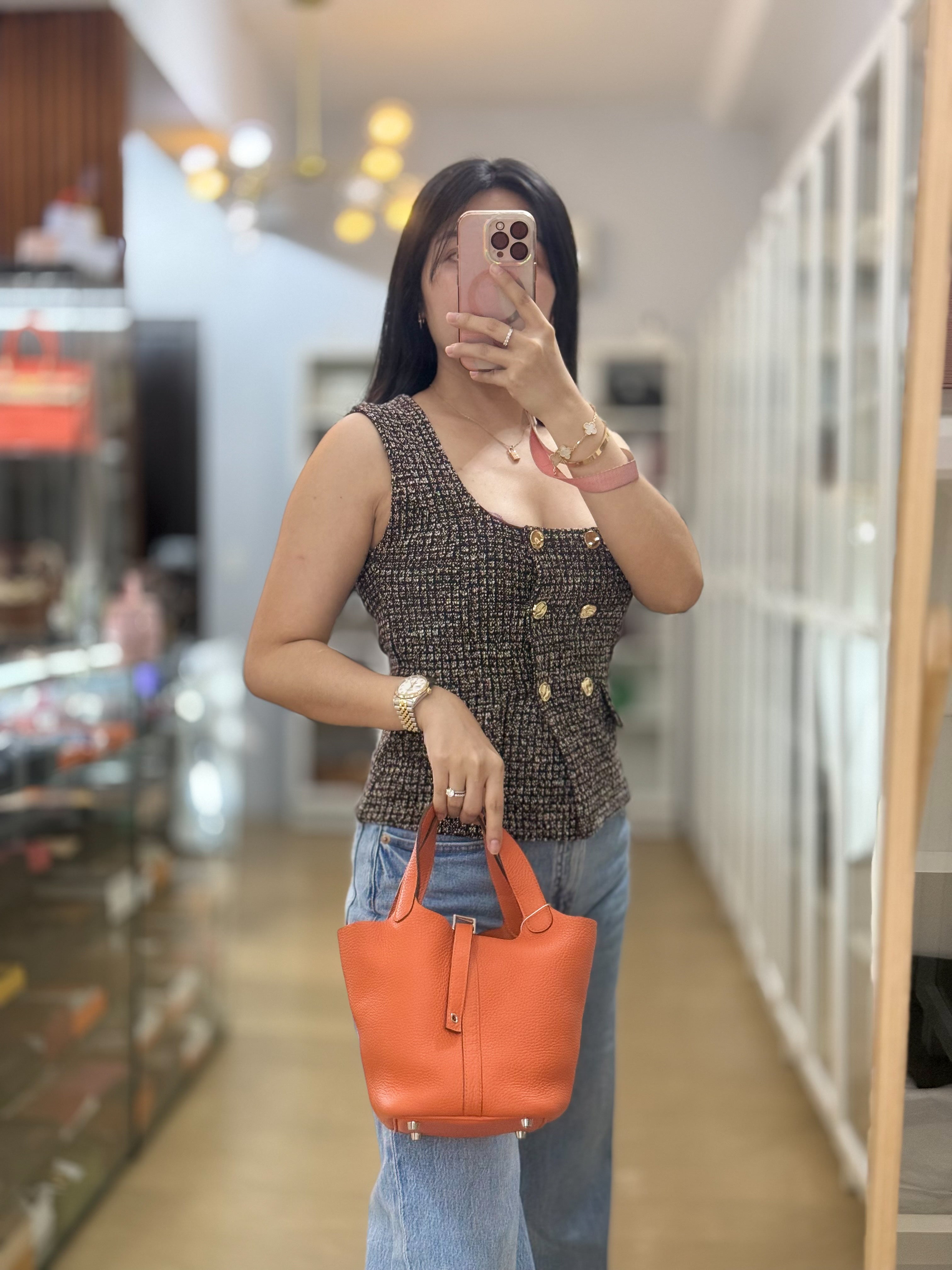 Picotin Lock 18 Taurillion Clemence Orange & Palladium Hardware Stamp Square R | Purse Maison Luxury Bags Shop