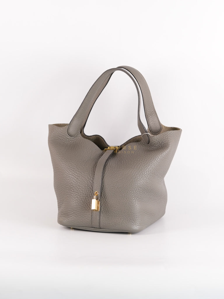 Picotin Lock 22 in Gris Asphalte Leather and Gold Hardware Stamp B | Purse Maison Luxury Bags Shop