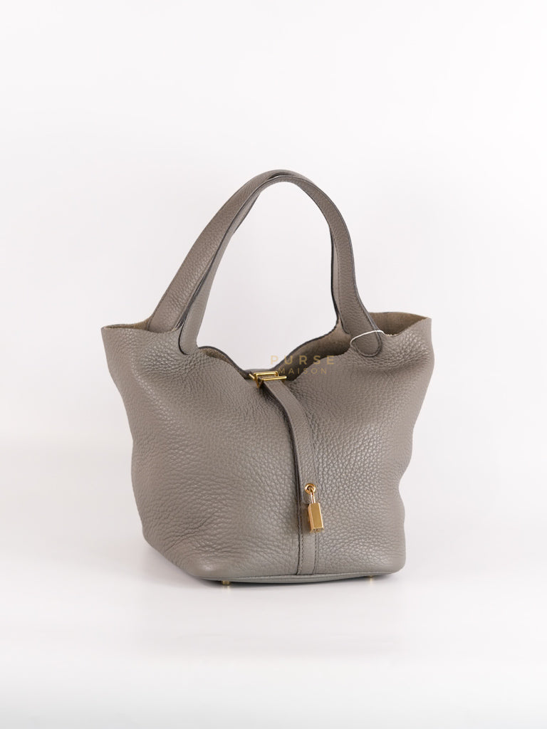 Picotin Lock 22 in Gris Asphalte Leather and Gold Hardware Stamp B | Purse Maison Luxury Bags Shop