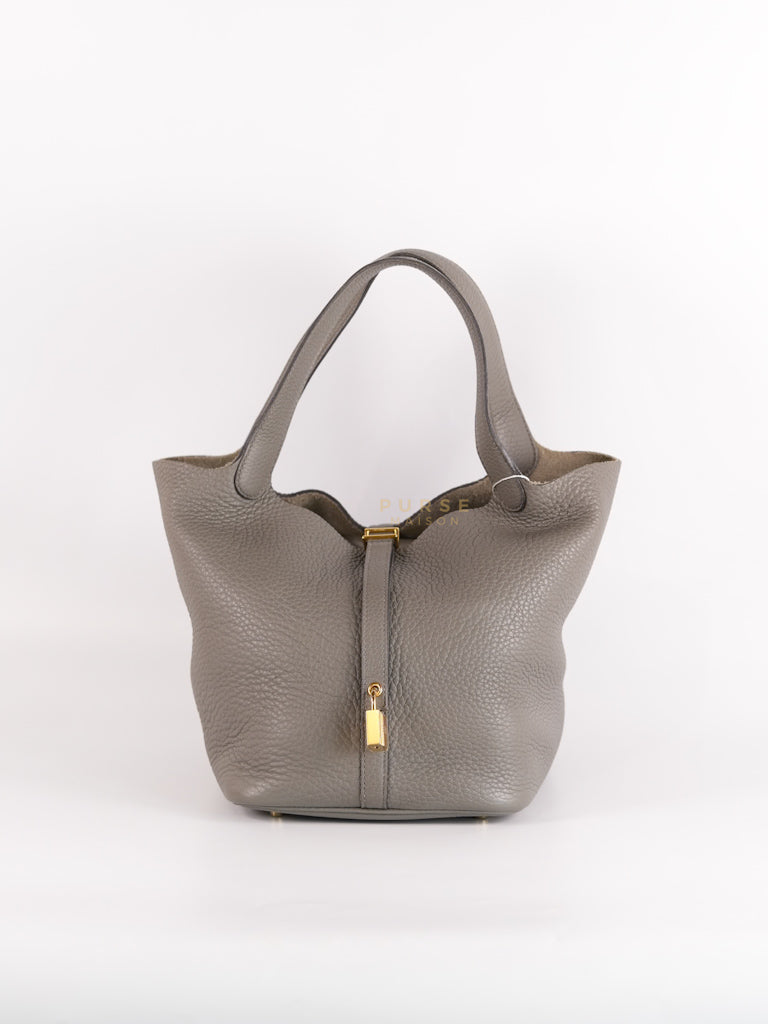 Picotin Lock 22 in Gris Asphalte Leather and Gold Hardware Stamp B | Purse Maison Luxury Bags Shop
