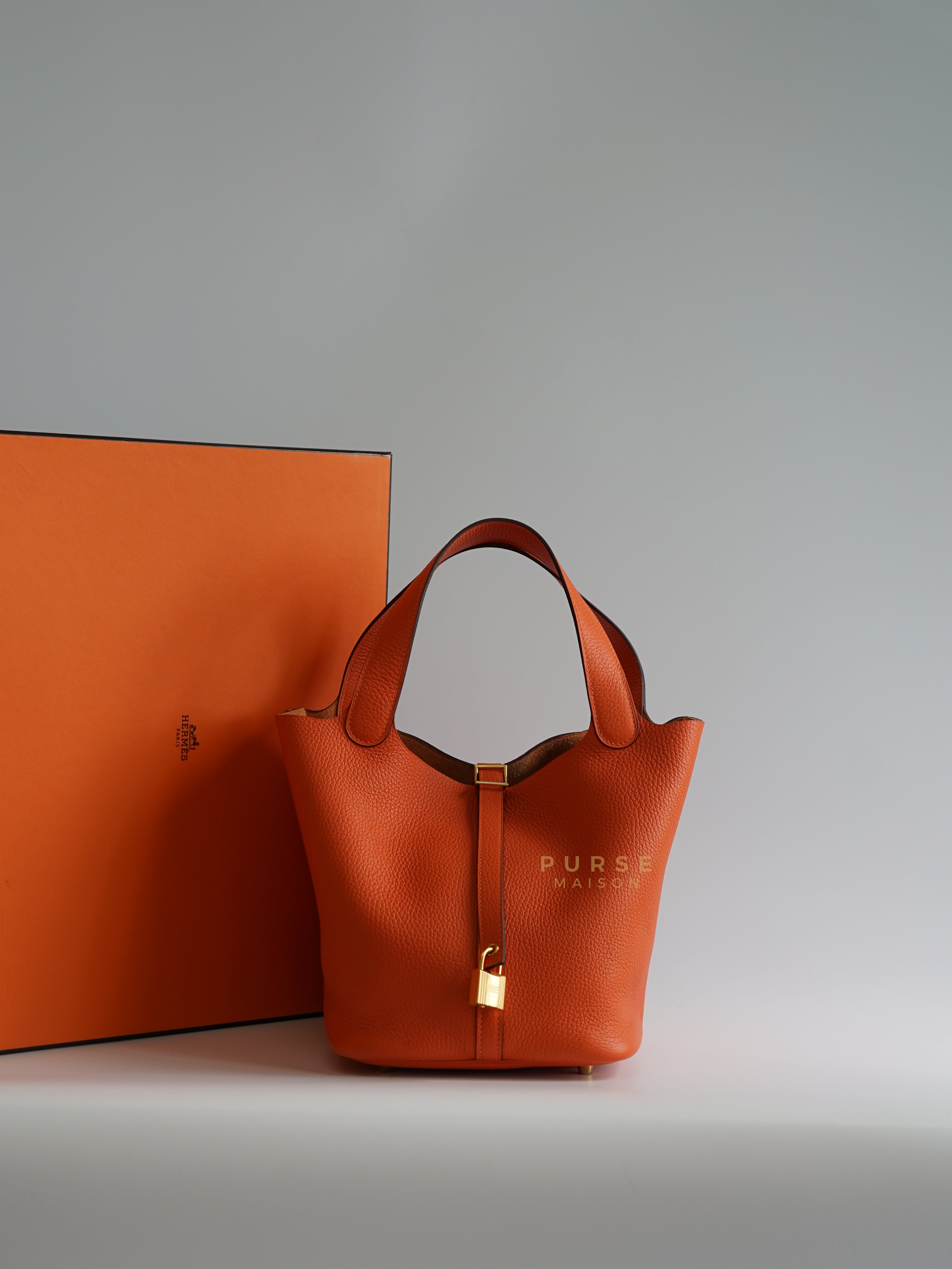 Picotin Lock 22 Orange Taurillon Clemence Gold Hardware Stamp U | Purse Maison Luxury Bags Shop