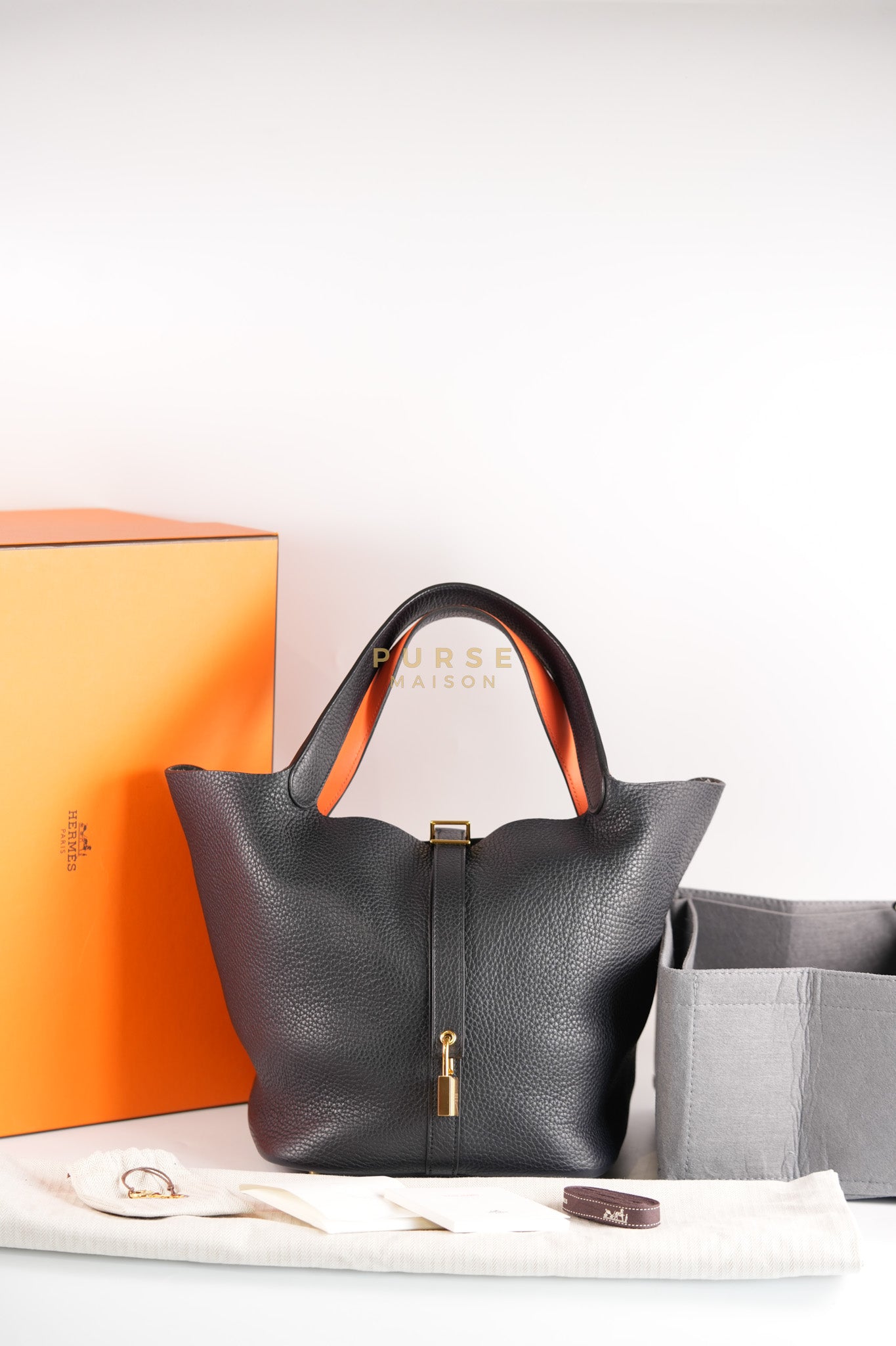 Picotin Lock 26 in Black Clemence Leather & Gold Hardware Stamp A (2017) | Purse Maison Luxury Bags Shop
