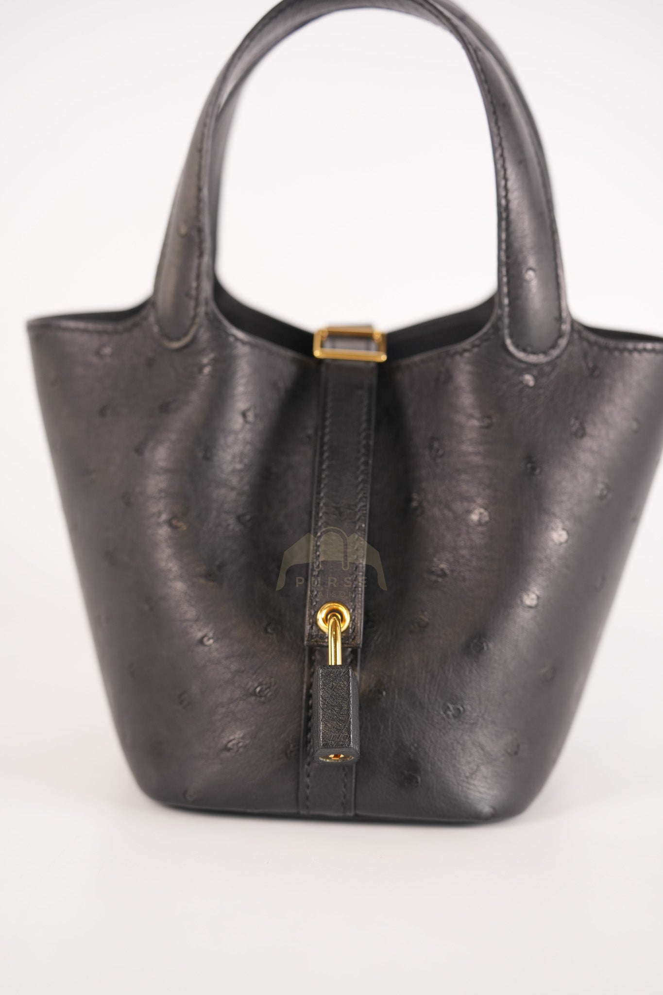 Picotin Micro in Black Ostrich Leather and Gold Hardware Stamp W (2024) | Purse Maison Luxury Bags Shop