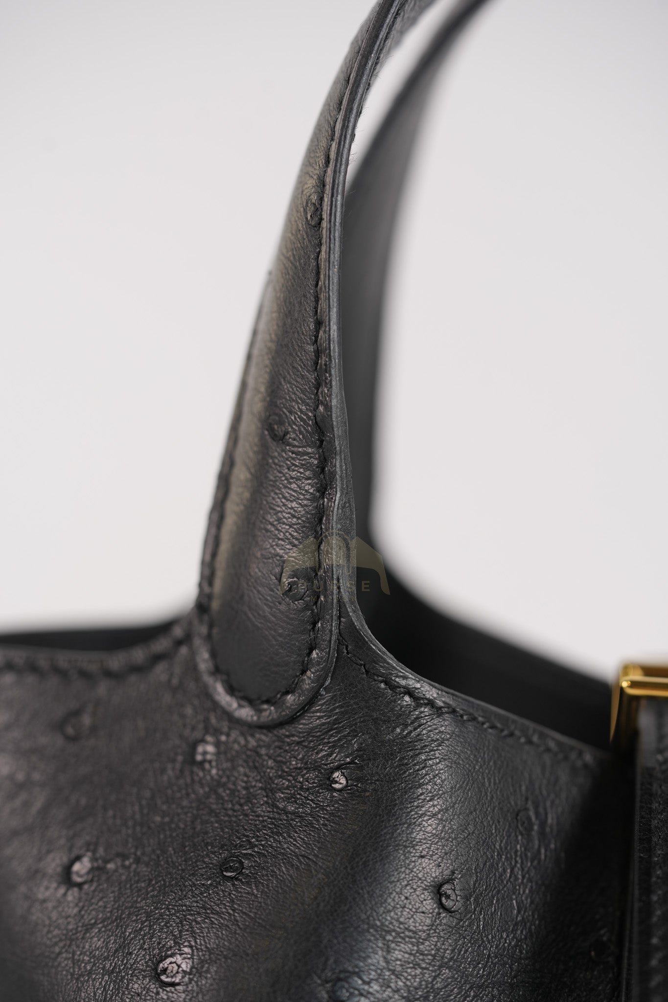 Picotin Micro in Black Ostrich Leather and Gold Hardware Stamp W (2024) | Purse Maison Luxury Bags Shop