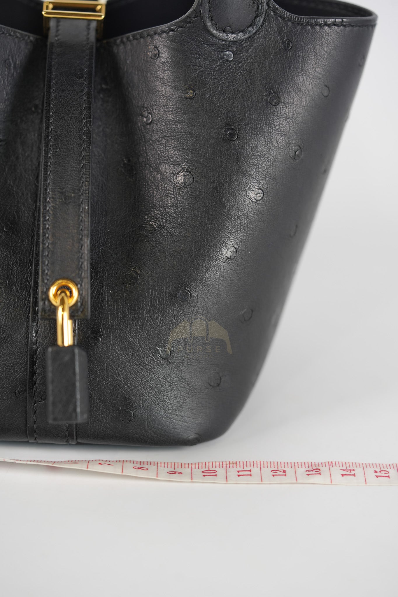 Picotin Micro in Black Ostrich Leather and Gold Hardware Stamp W (2024) | Purse Maison Luxury Bags Shop