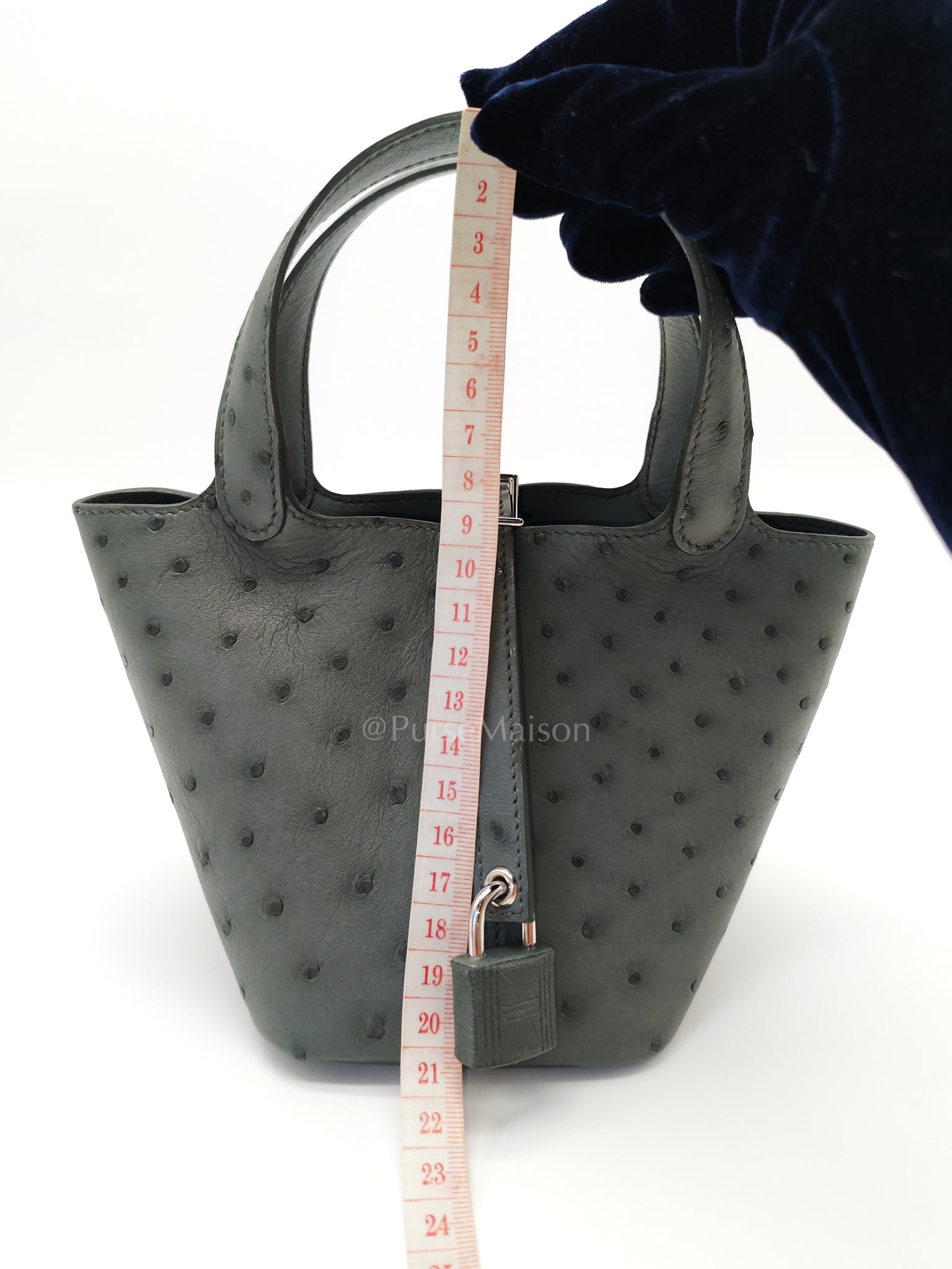 Picotin Nano in Vert Amande Ostrich Leather and Palladium Hardware Stamp W (2024) | Purse Maison Luxury Bags Shop