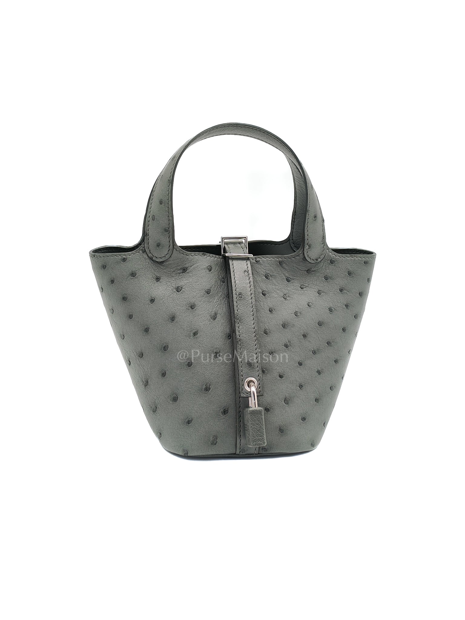 Picotin Nano in Vert Amande Ostrich Leather and Palladium Hardware Stamp W (2024) | Purse Maison Luxury Bags Shop