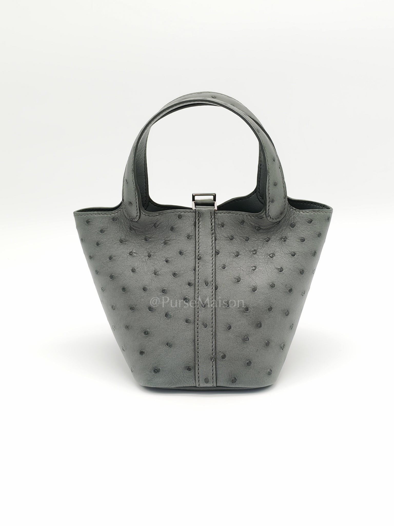 Picotin Nano in Vert Amande Ostrich Leather and Palladium Hardware Stamp W (2024) | Purse Maison Luxury Bags Shop