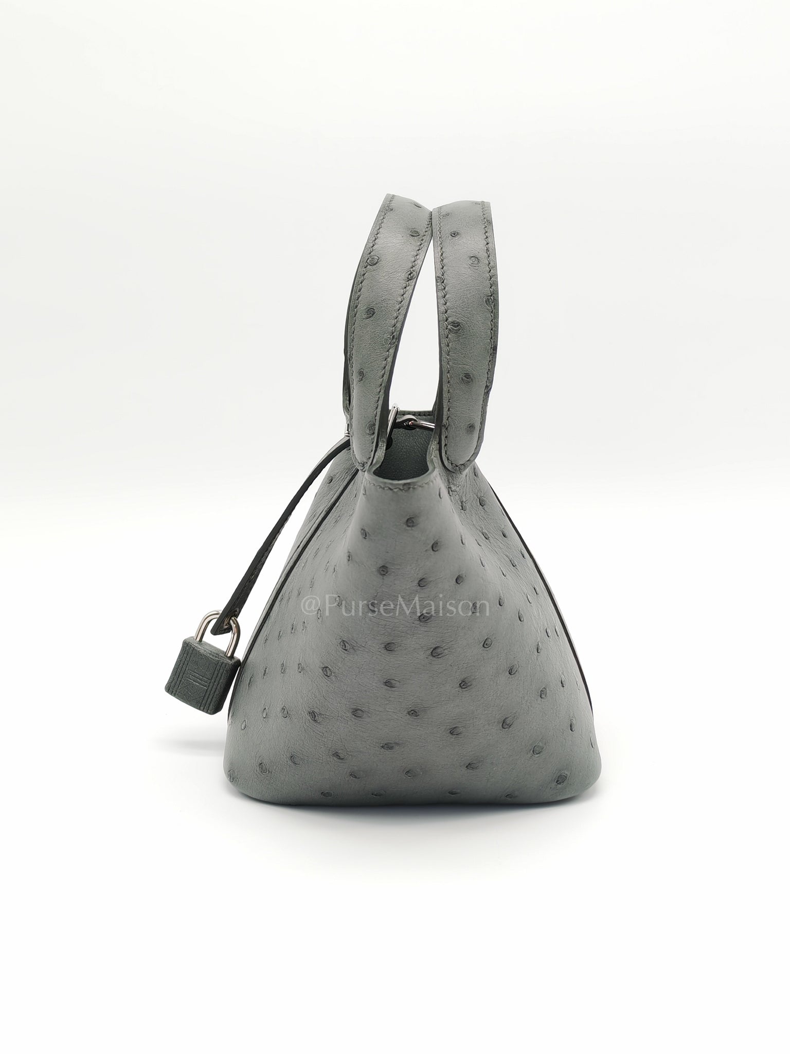 Picotin Nano in Vert Amande Ostrich Leather and Palladium Hardware Stamp W (2024) | Purse Maison Luxury Bags Shop