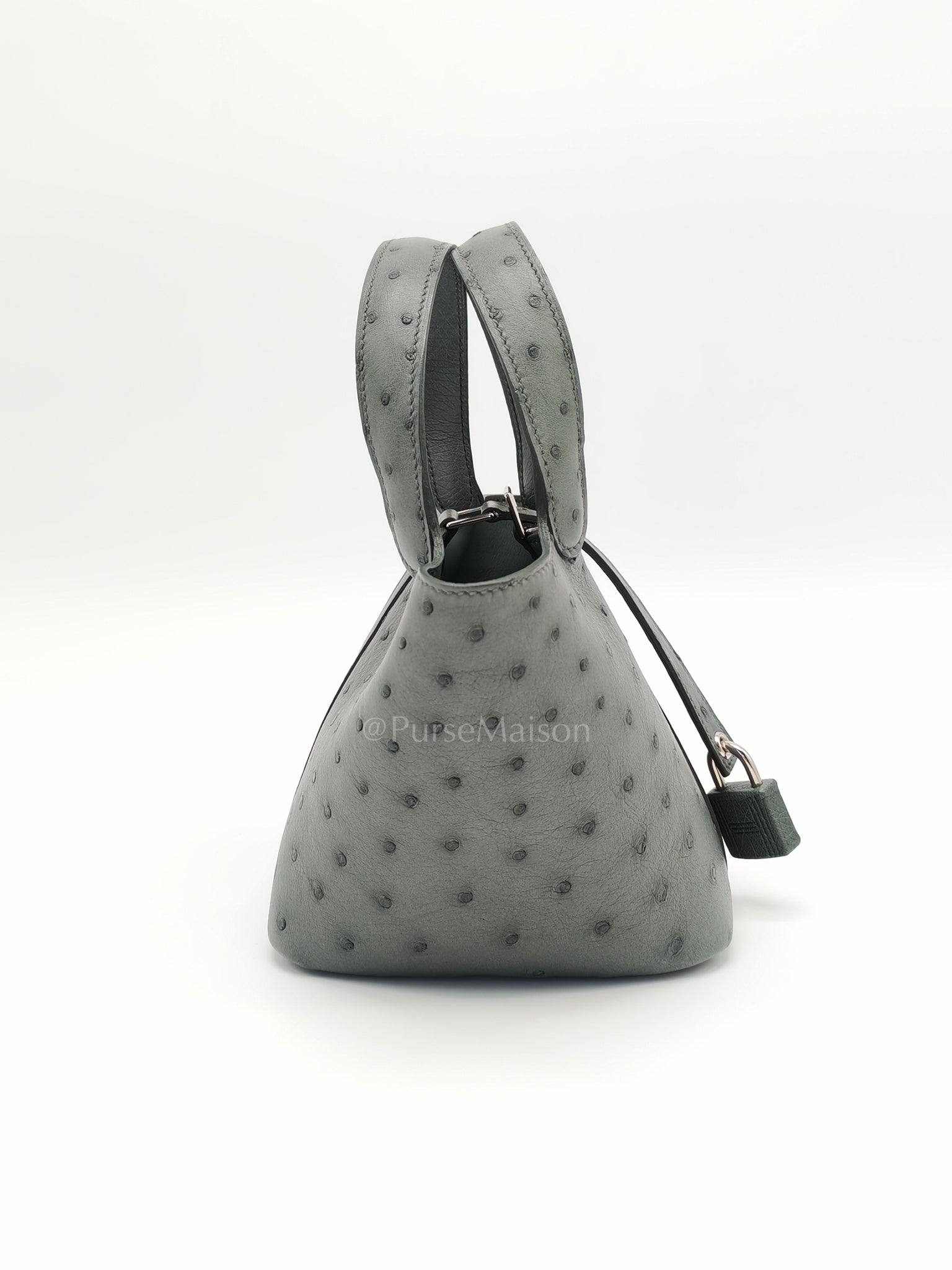 Picotin Nano in Vert Amande Ostrich Leather and Palladium Hardware Stamp W (2024) | Purse Maison Luxury Bags Shop