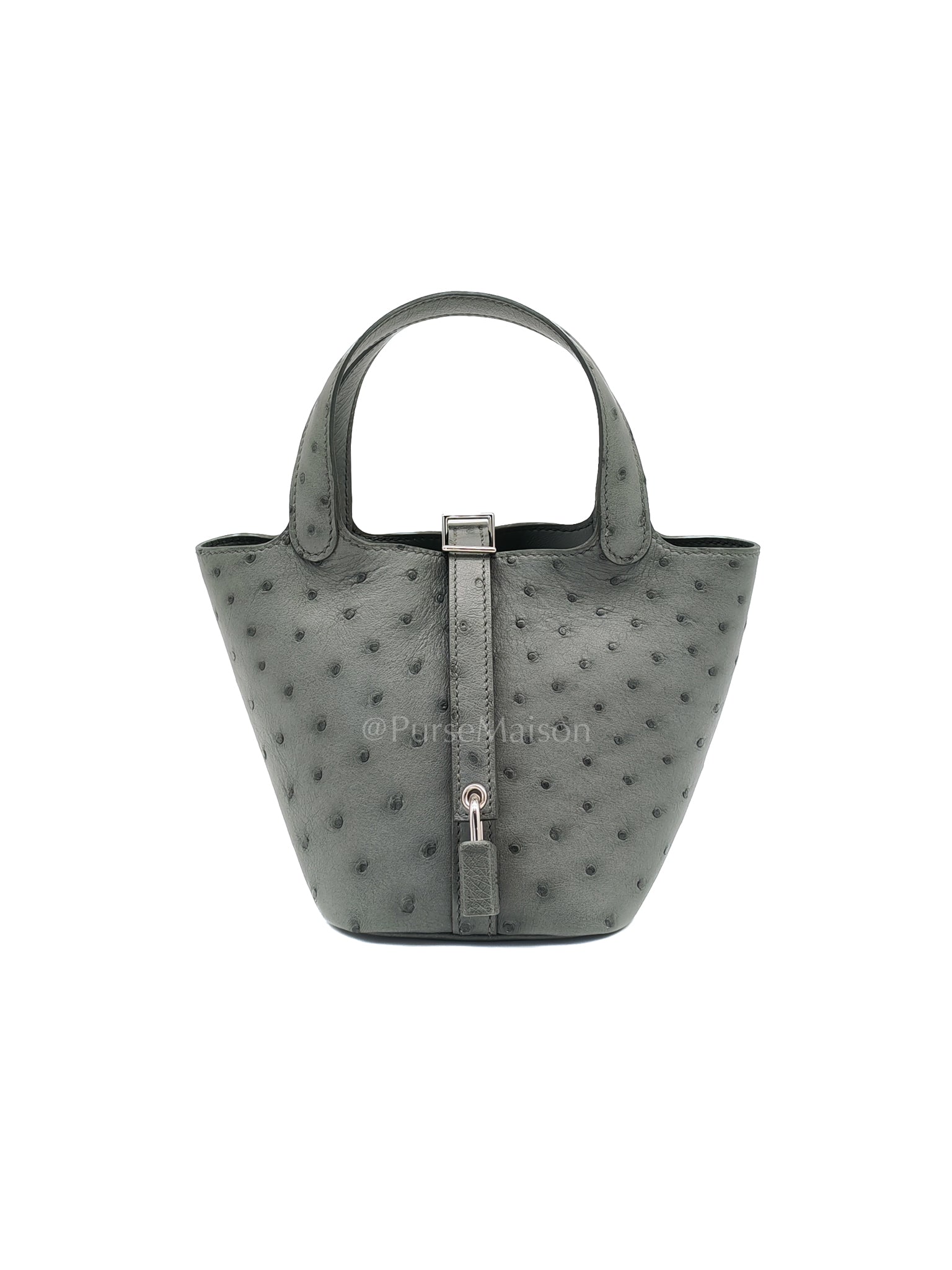 Picotin Nano in Vert Amande Ostrich Leather and Palladium Hardware Stamp W (2024) | Purse Maison Luxury Bags Shop