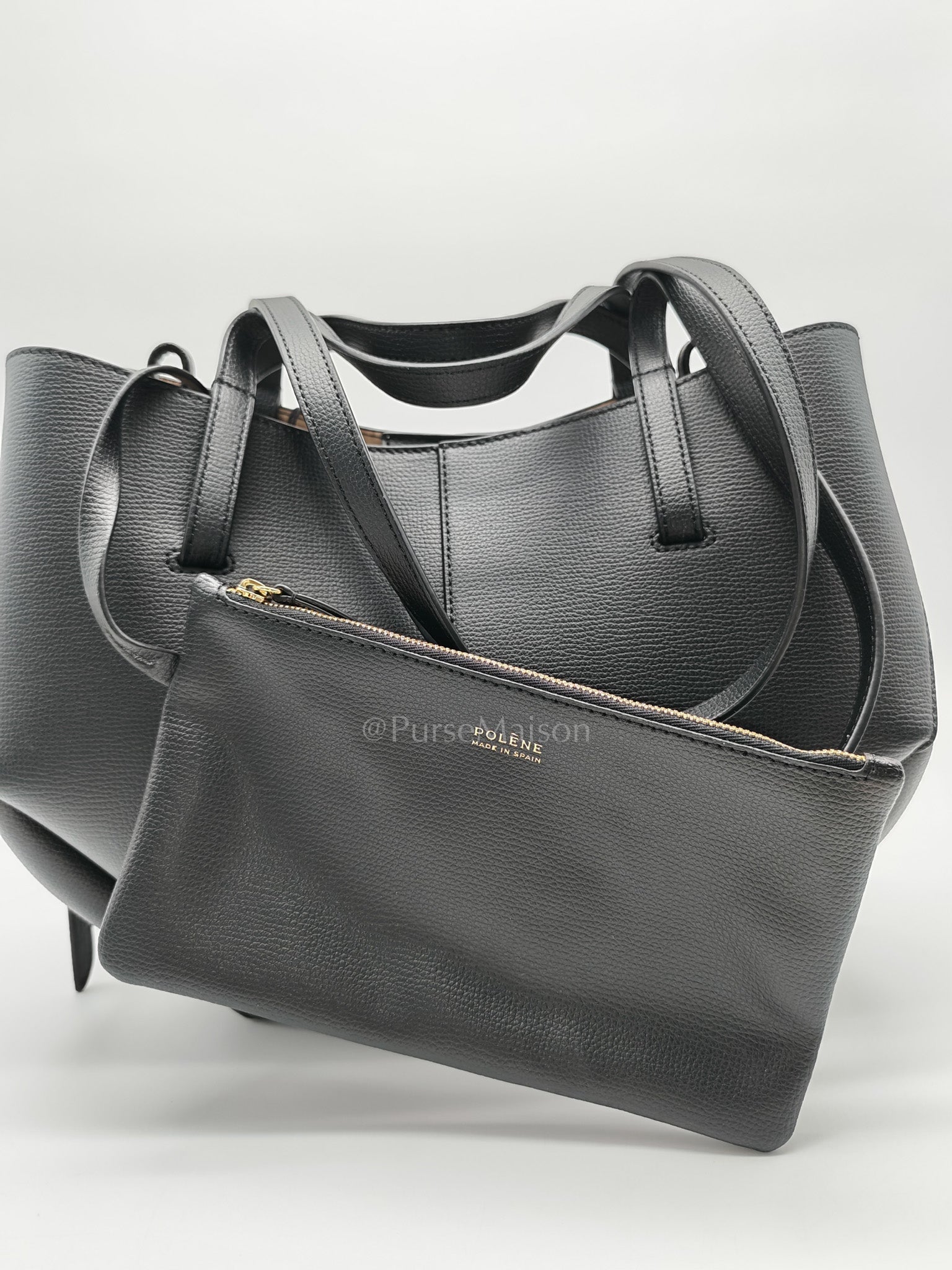 Cyme Mini in Black Graine Leather and Black Stitiching Tote Bag | Purse Maison Luxury Bags Shop