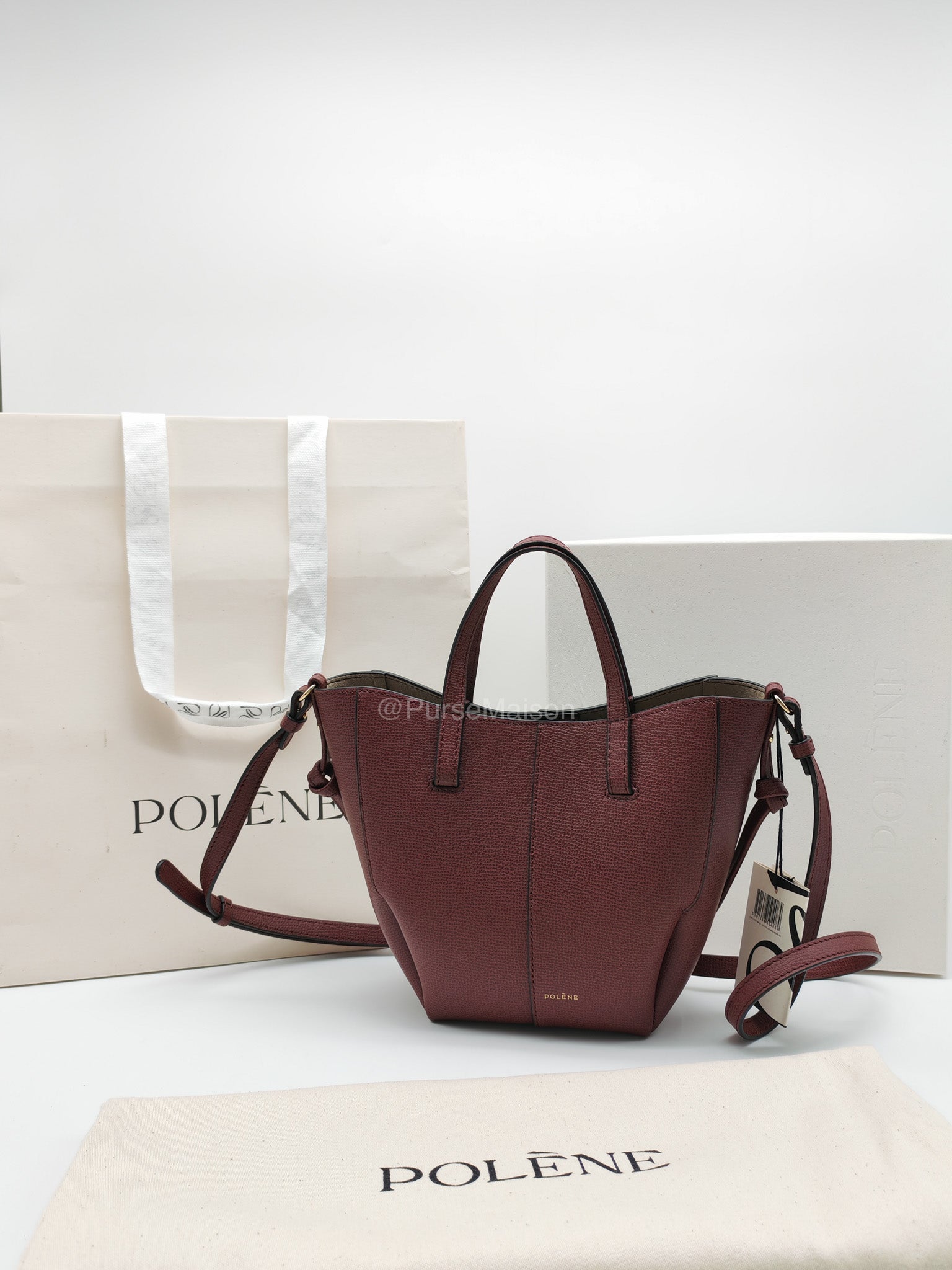 Polene Cyme Nano Tote Bag in Black Cherry Graine Leather | Purse Maison Luxury Bags Shop