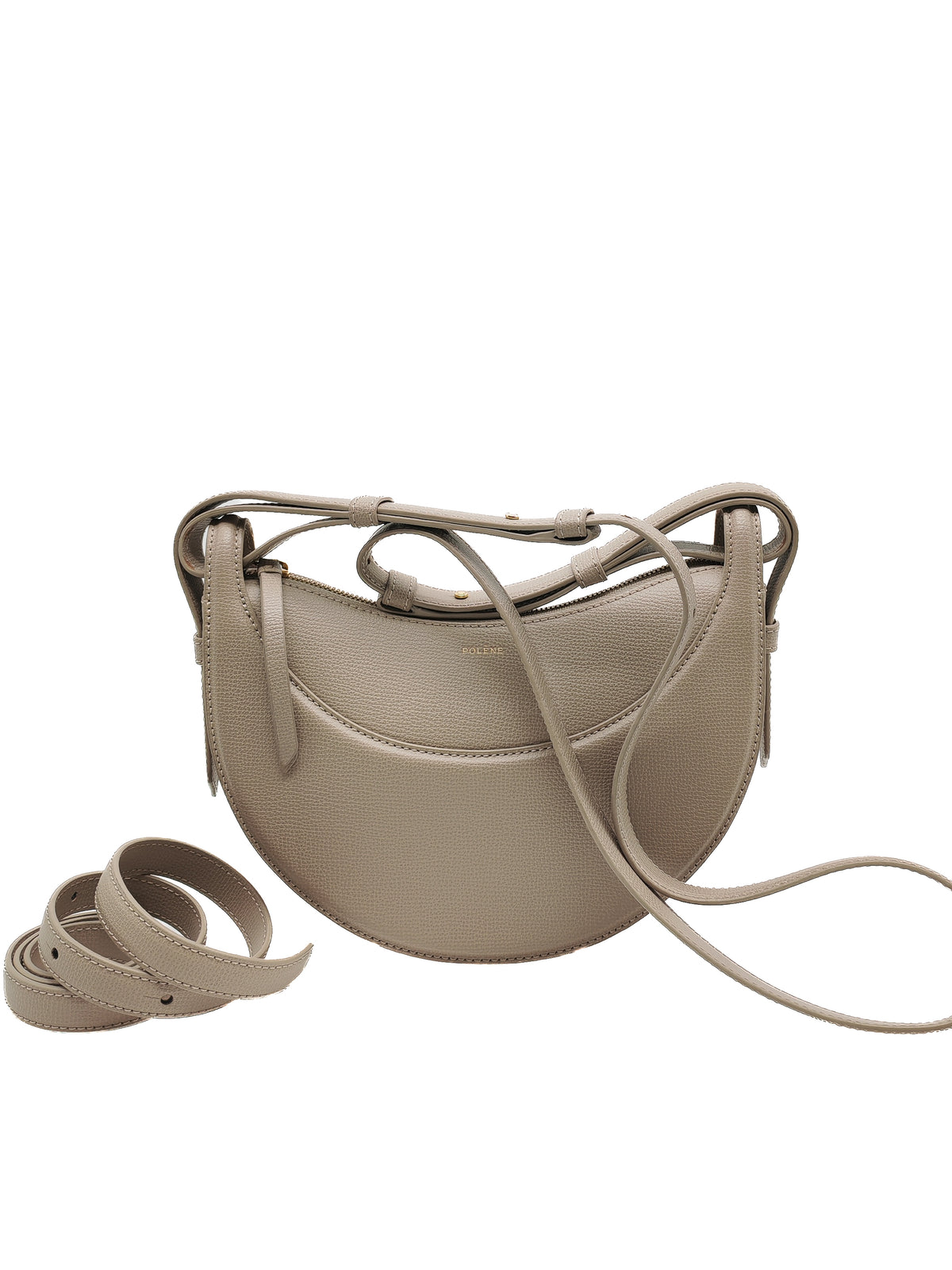 Polene Numero Dix Crossbody Bag in Textured Taupe Grained Calfskin Leather and Gold Hardware | Purse Maison Luxury Bags Shop