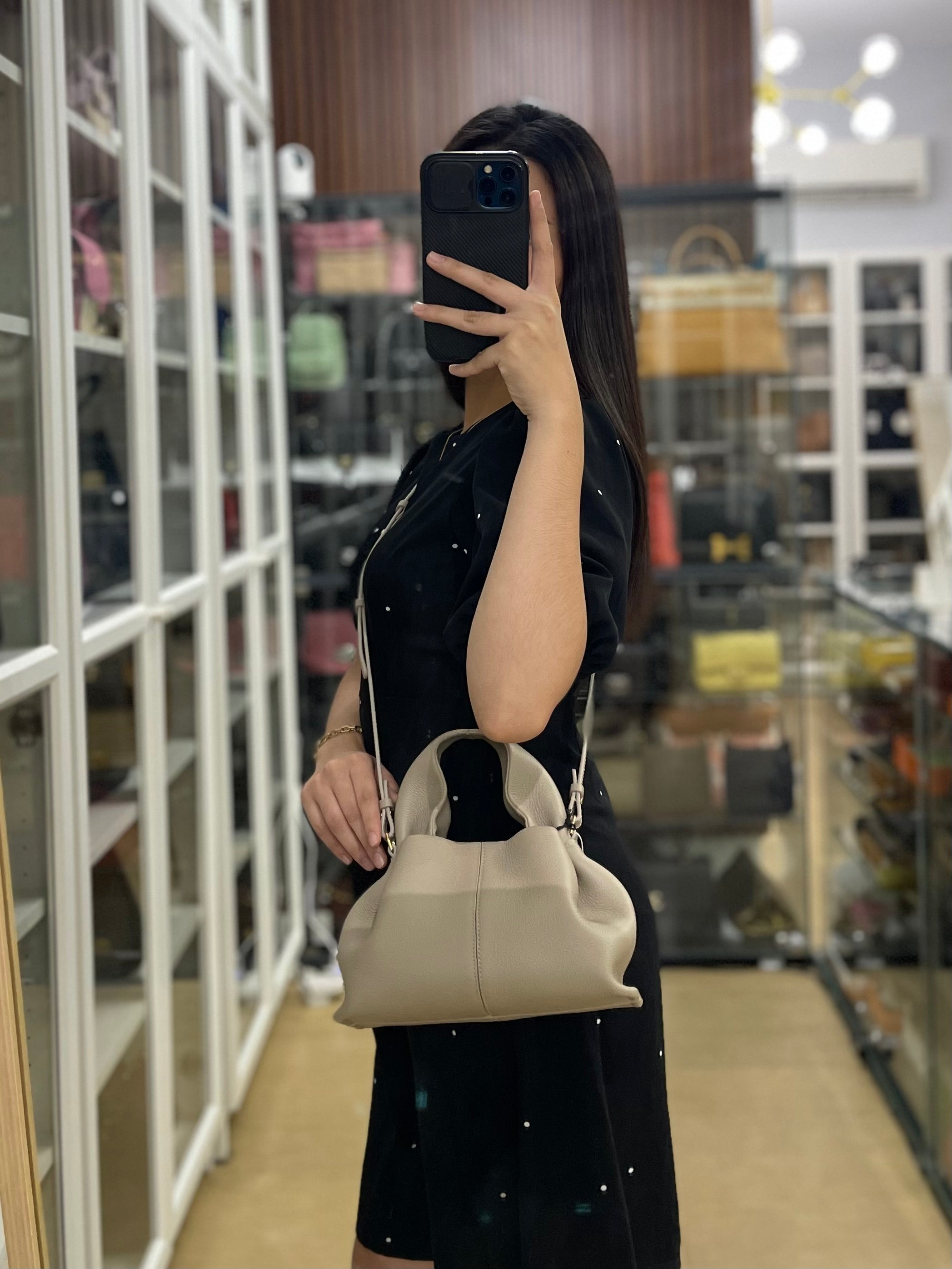 Numero Neuf Mini Bag in Taupe Grained Calfskin Leather & Light Gold Hardware | Purse Maison Luxury Bags Shop