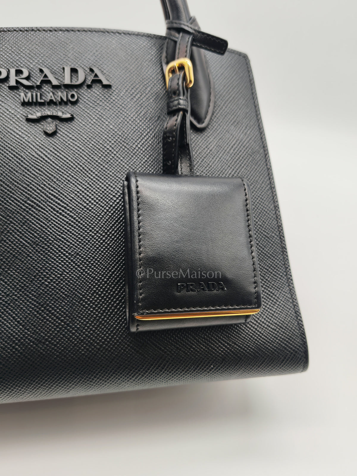 1BA156 Monochrome Bag Small in Black Saffiano Cuir Leater Gold Hardware | Purse Maison Luxury Bags Shop