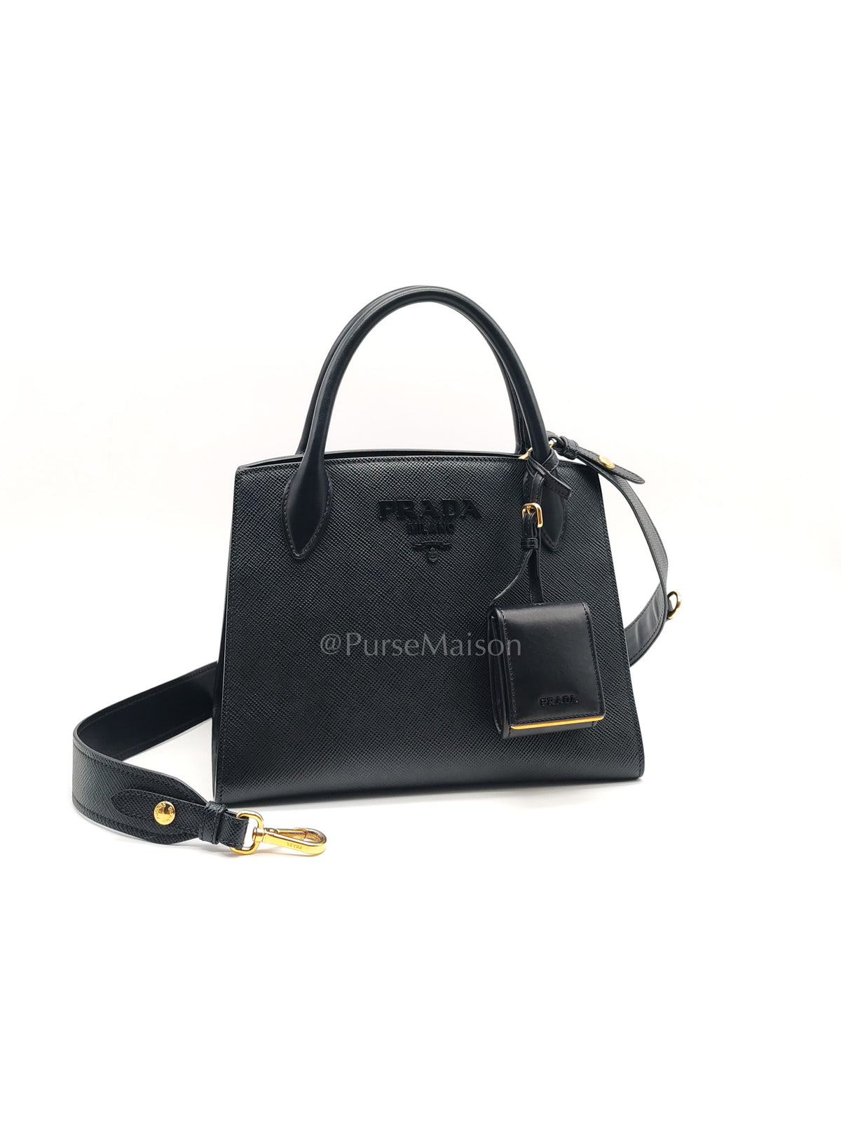 1BA156 Monochrome Bag Small in Black Saffiano Cuir Leater Gold Hardware | Purse Maison Luxury Bags Shop