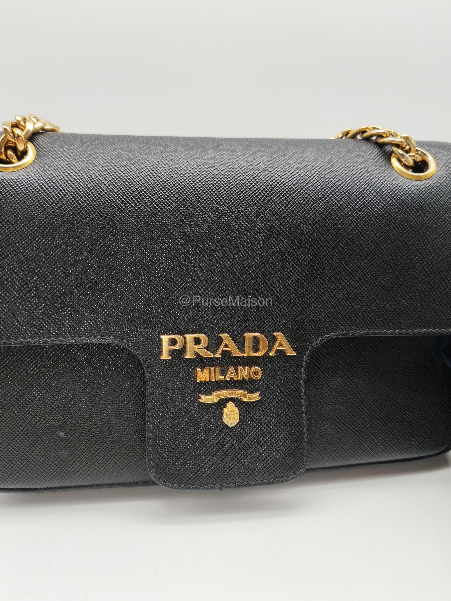 Prada 1BD193 Saffiano Black Pattina Flap Shoulder Bag | Purse Maison Luxury Bags Shop