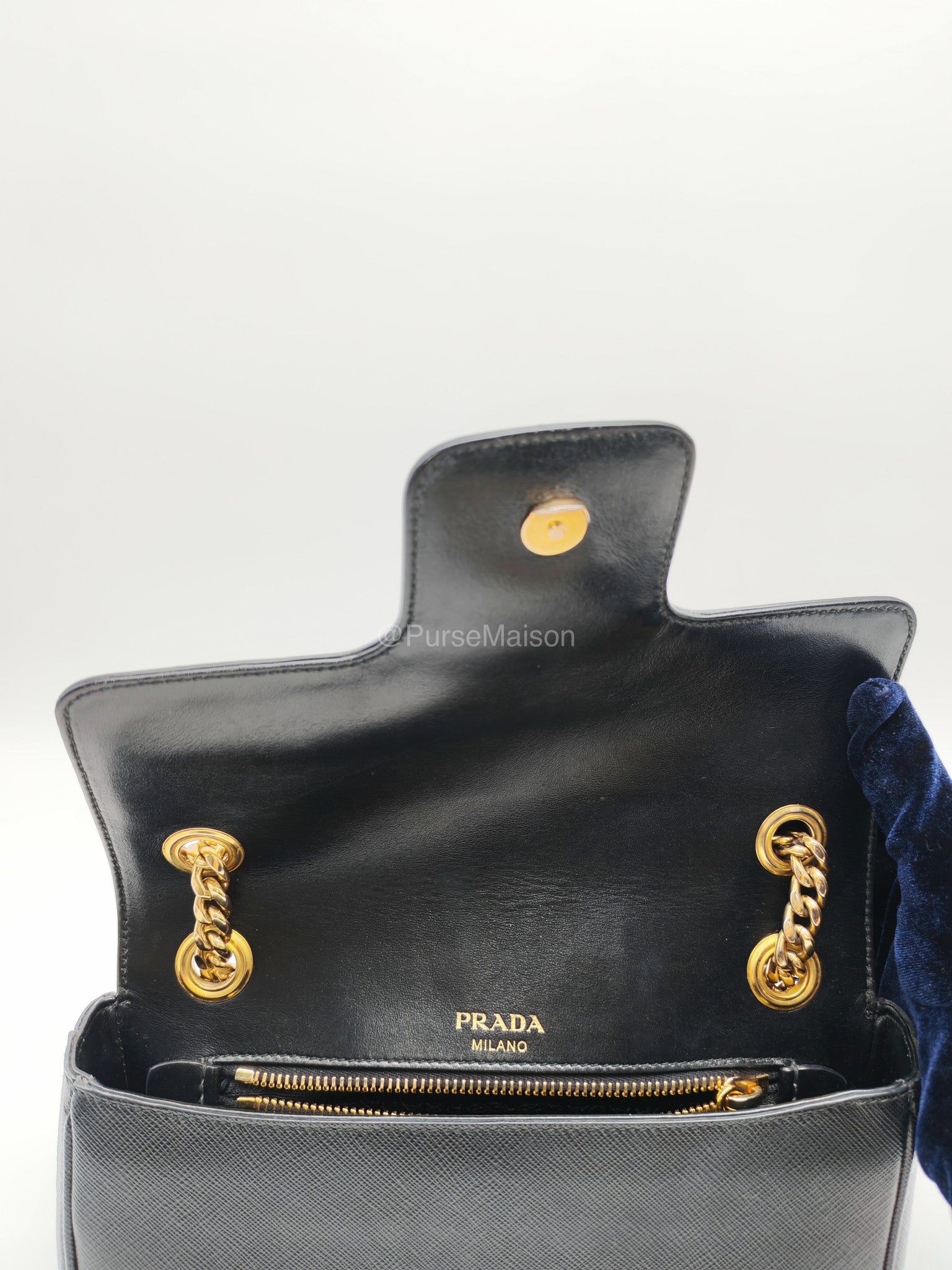Prada 1BD193 Saffiano Black Pattina Flap Shoulder Bag | Purse Maison Luxury Bags Shop