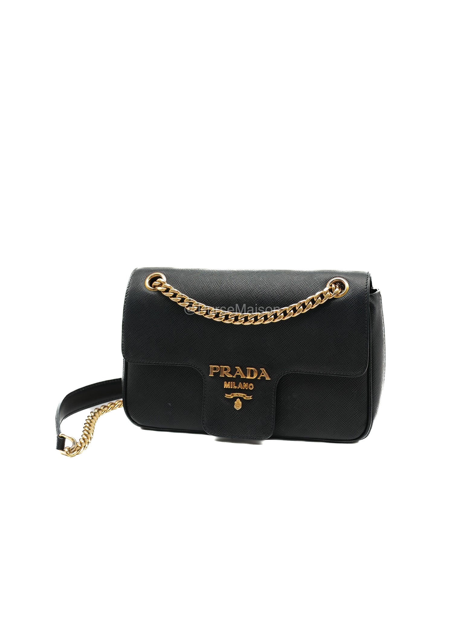 Prada 1BD193 Saffiano Black Pattina Flap Shoulder Bag | Purse Maison Luxury Bags Shop