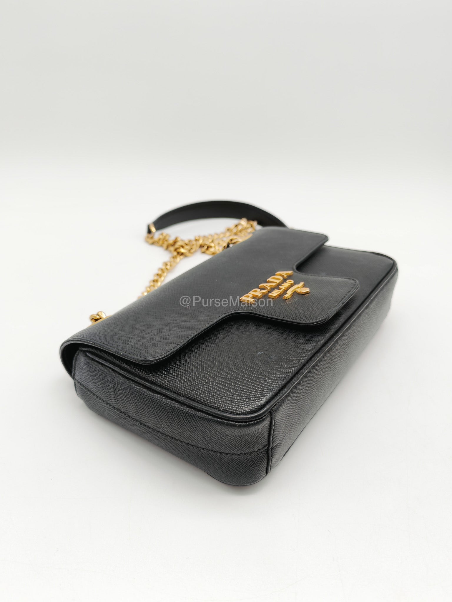 Prada 1BD193 Saffiano Black Pattina Flap Shoulder Bag | Purse Maison Luxury Bags Shop