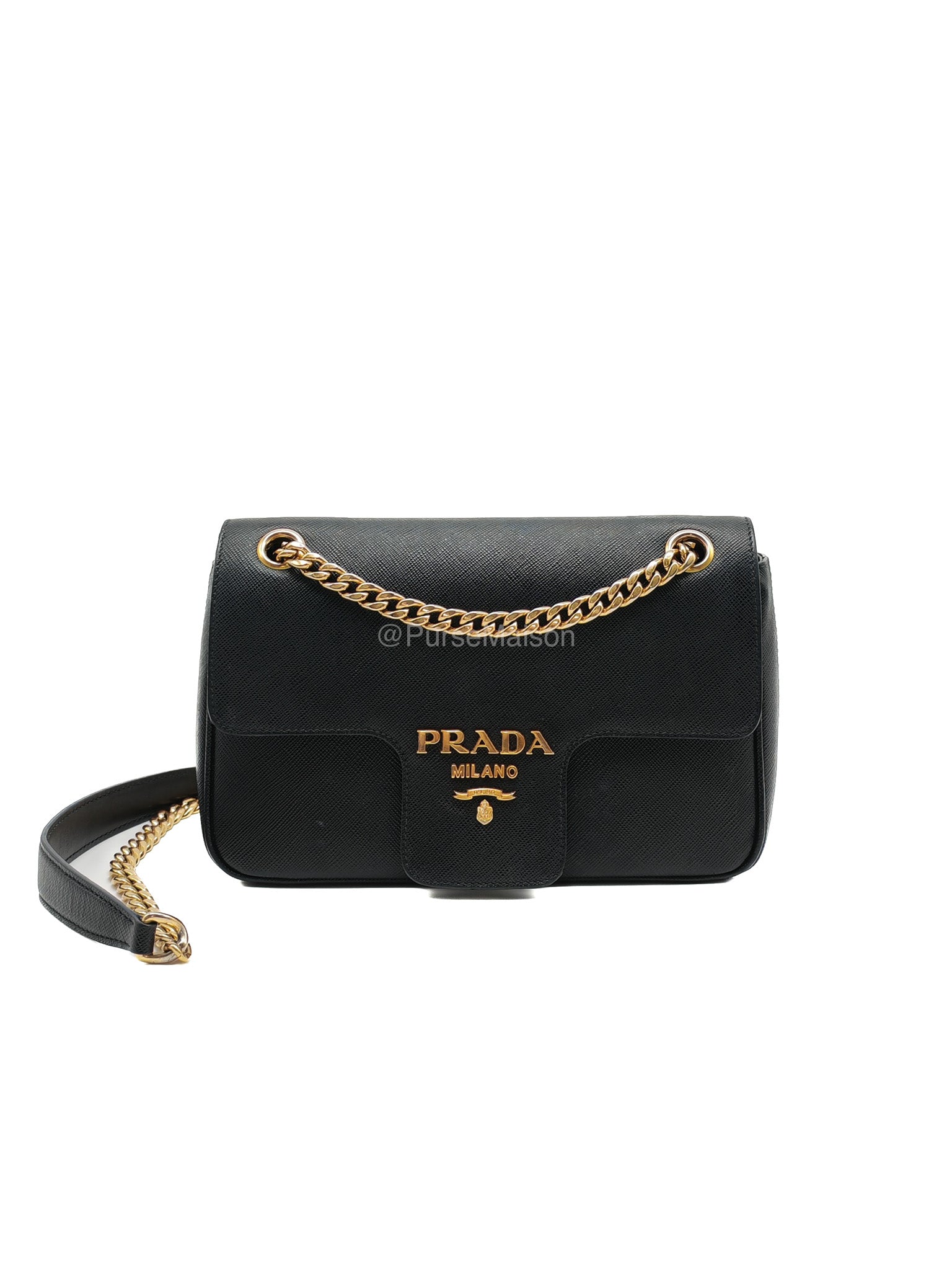 Prada 1BD193 Saffiano Black Pattina Flap Shoulder Bag | Purse Maison Luxury Bags Shop