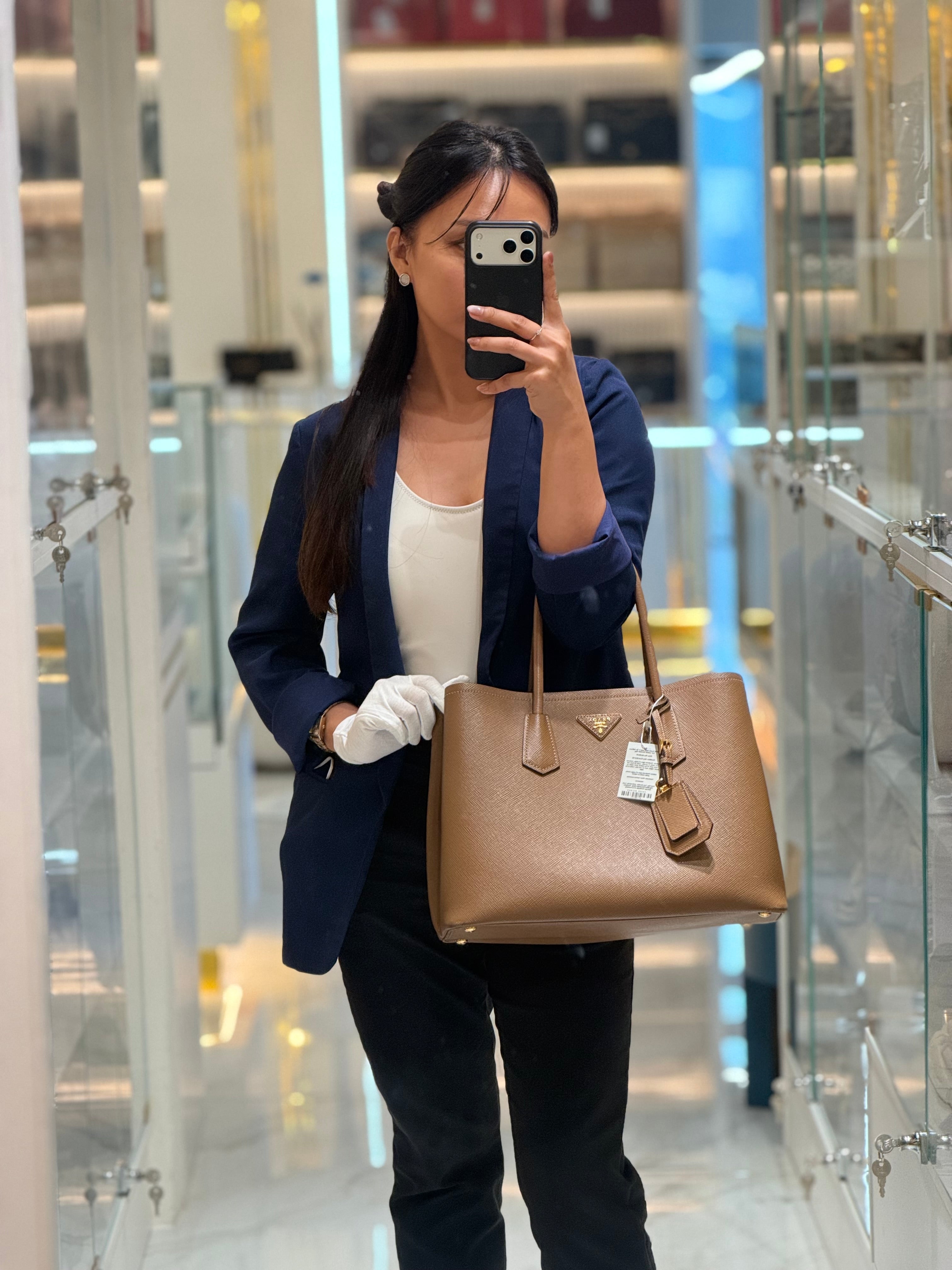 1BG756 Double Bag Large in Tan Saffiano Cuir Leather Shoulder Bag | Purse Maison Luxury Bags Shop