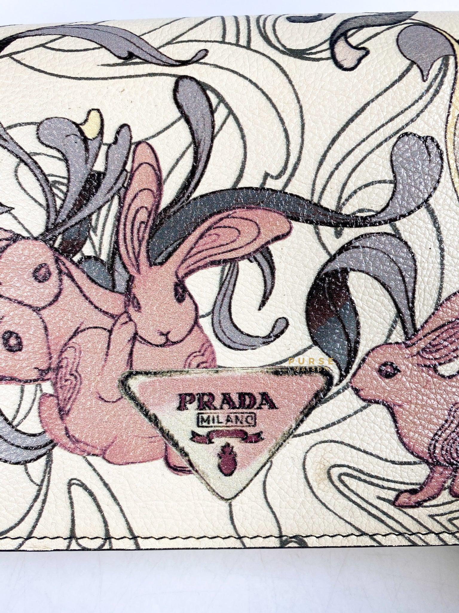 Prada 1BP012 Glace Calf Rabbit Print Opaline Wallet on Chain