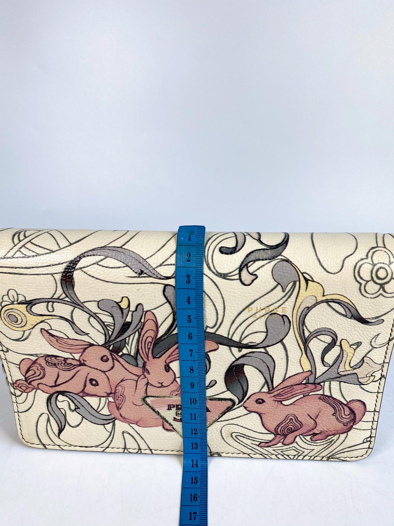 Prada 1BP012 Glace Calf Rabbit Print Opaline Wallet on Chain
