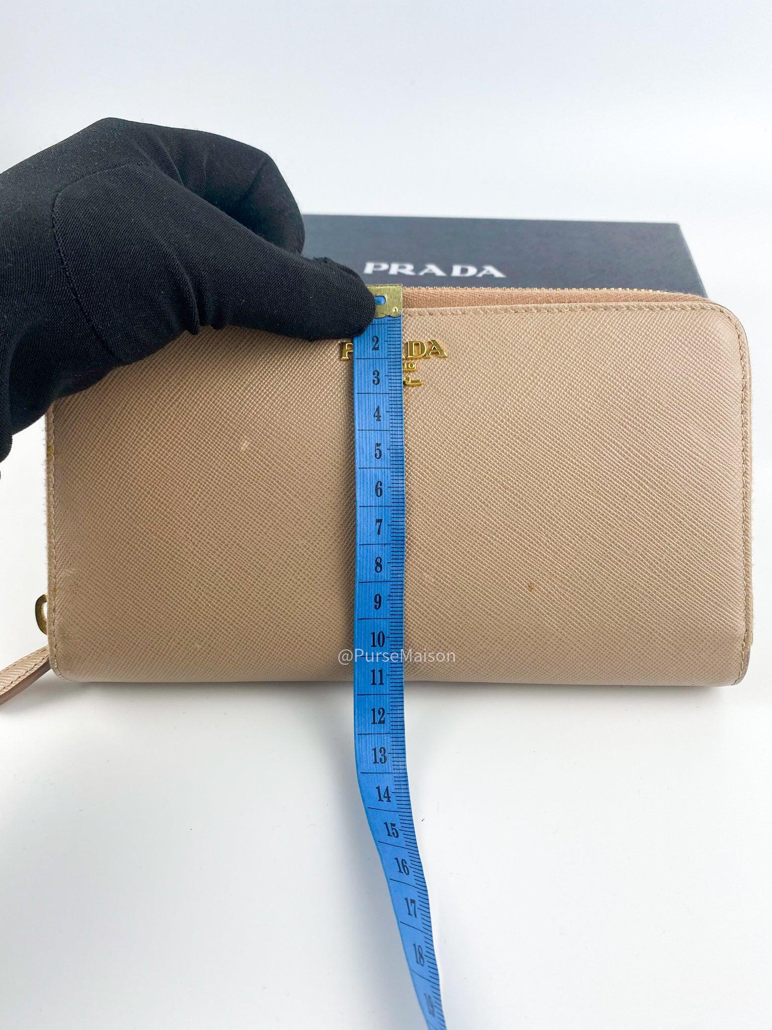Prada 1M1348 Long Zipped Wallet in Beige Saffiano Metal Leather