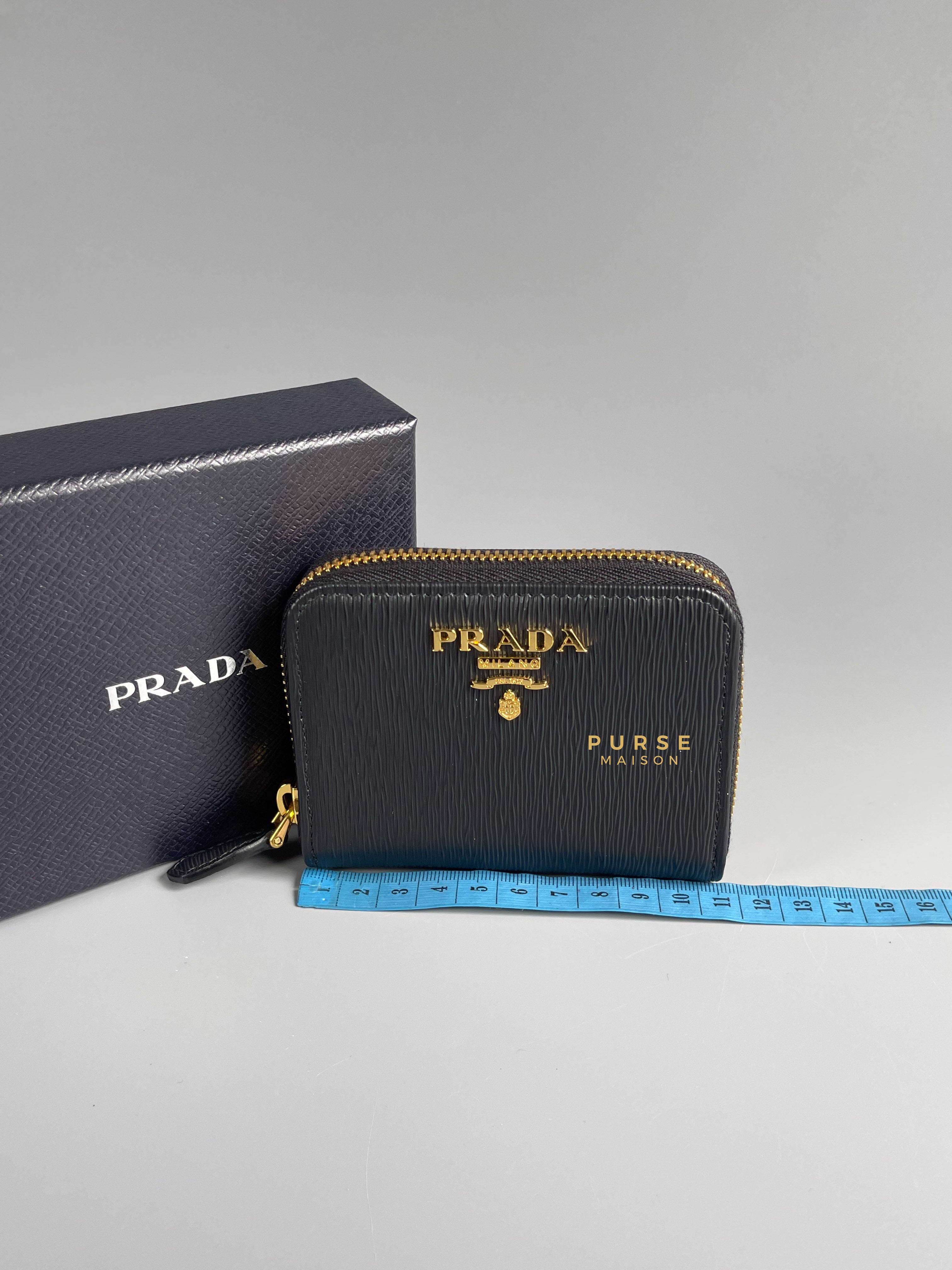Prada 1MM268 Zip Card Holder Black Vitello | Purse Maison Luxury Bags Shop
