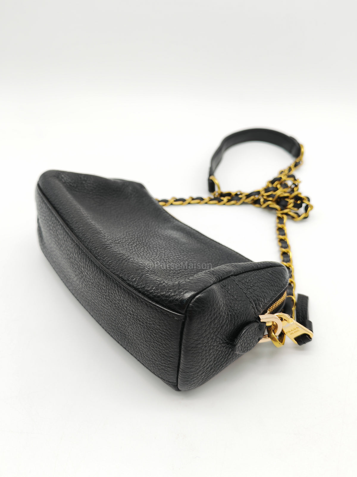Prada 1ND004 Vitello Daino Cosmetic Pouch in Black Grained Leather and Gold Hardware | Purse Maison Luxury Bags Shop