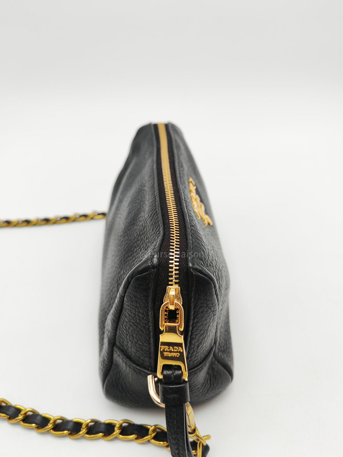 Prada 1ND004 Vitello Daino Cosmetic Pouch in Black Grained Leather and Gold Hardware | Purse Maison Luxury Bags Shop