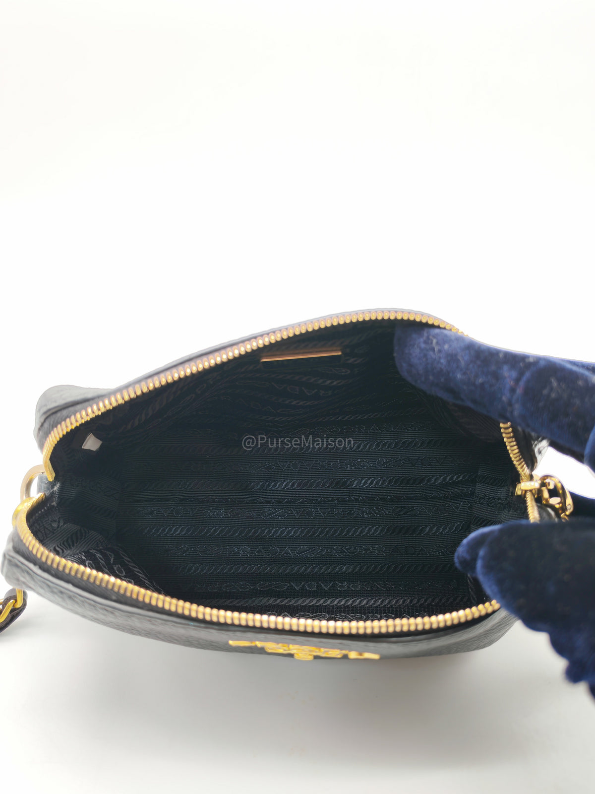 Prada 1ND004 Vitello Daino Cosmetic Pouch in Black Grained Leather and Gold Hardware | Purse Maison Luxury Bags Shop