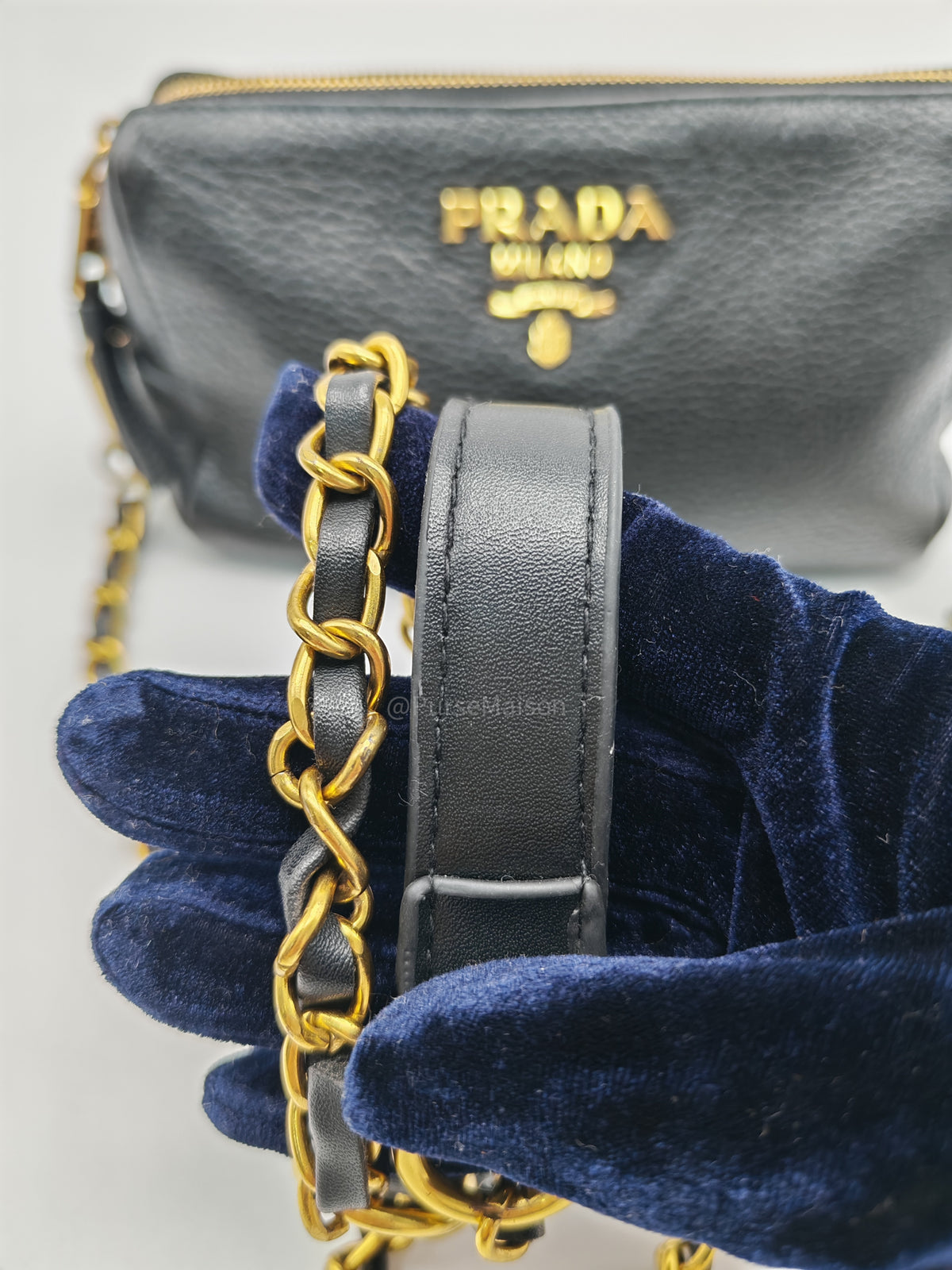 Prada 1ND004 Vitello Daino Cosmetic Pouch in Black Grained Leather and Gold Hardware | Purse Maison Luxury Bags Shop