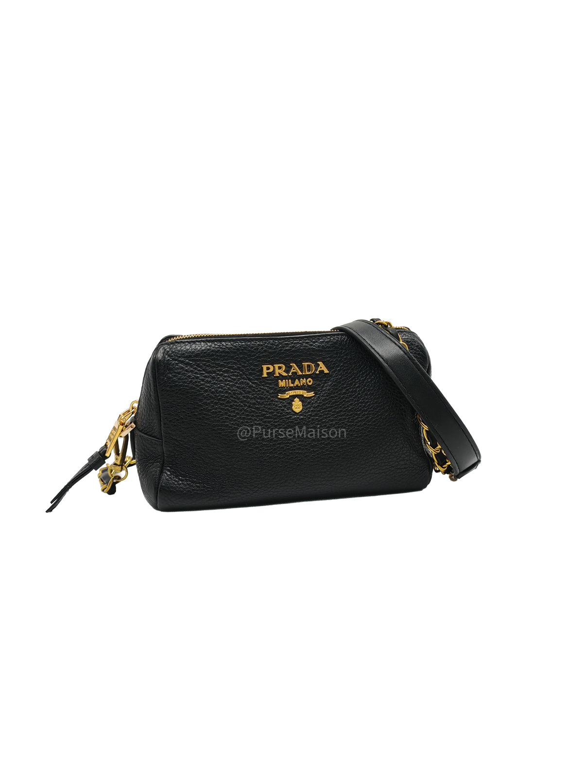 Prada 1ND004 Vitello Daino Cosmetic Pouch in Black Grained Leather and Gold Hardware | Purse Maison Luxury Bags Shop