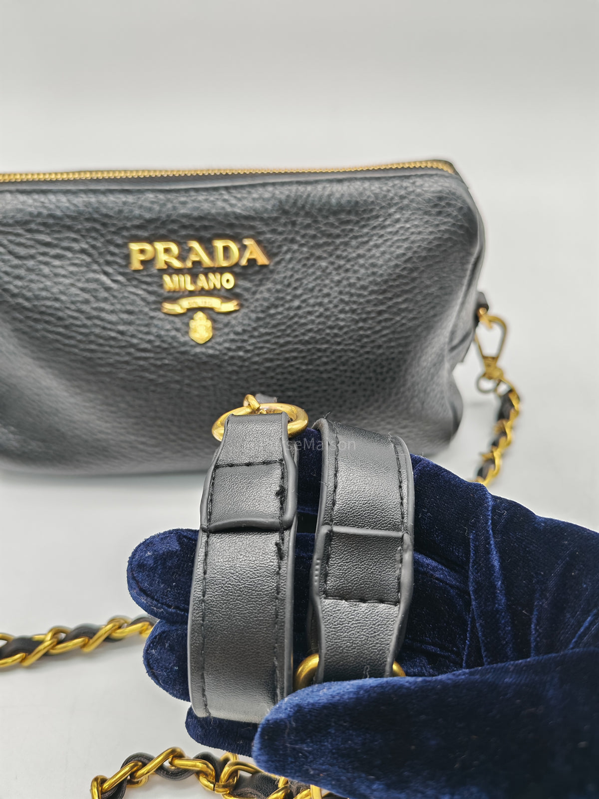Prada 1ND004 Vitello Daino Cosmetic Pouch in Black Grained Leather and Gold Hardware | Purse Maison Luxury Bags Shop