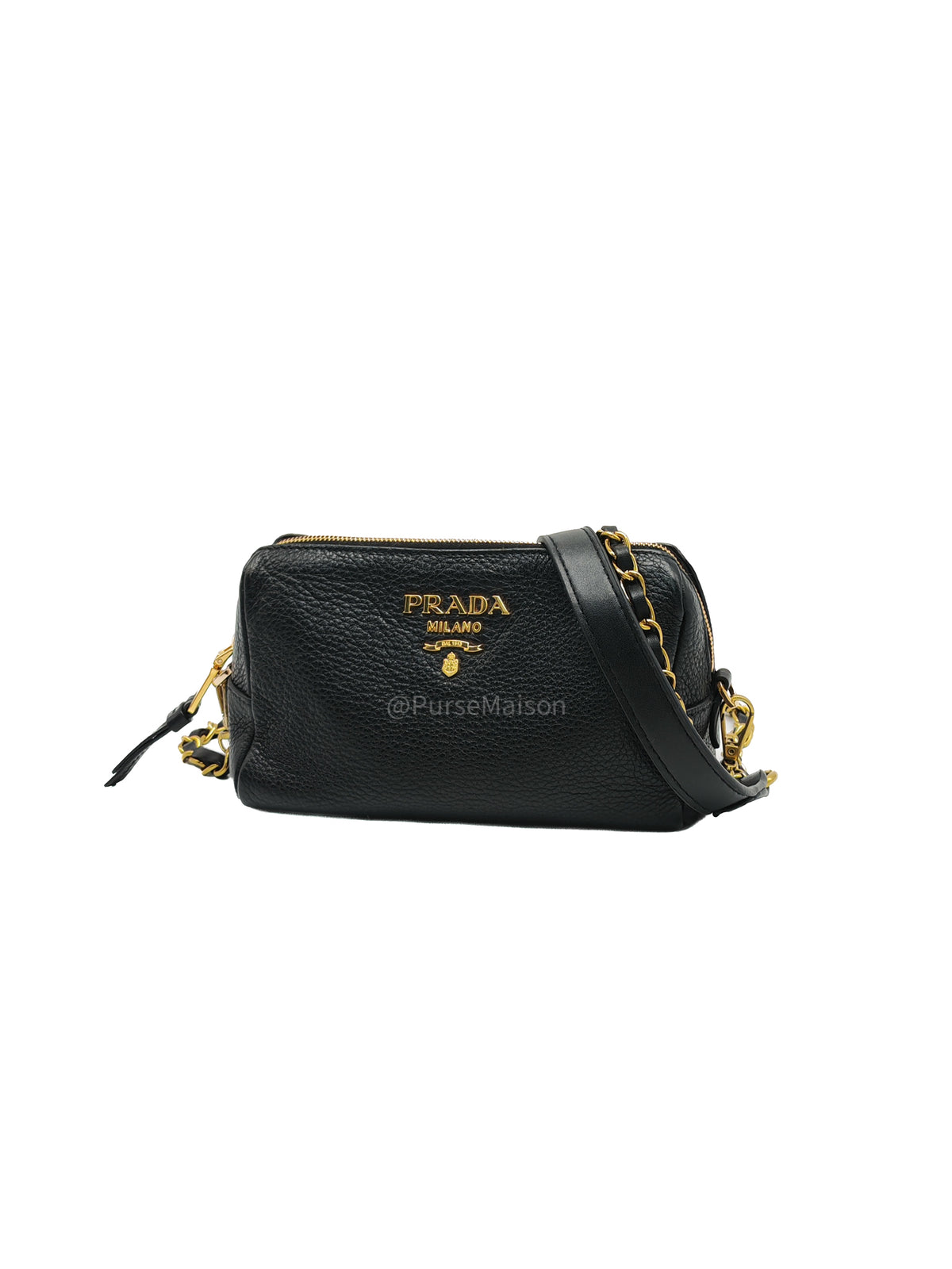 Prada 1ND004 Vitello Daino Cosmetic Pouch in Black Grained Leather and Gold Hardware | Purse Maison Luxury Bags Shop