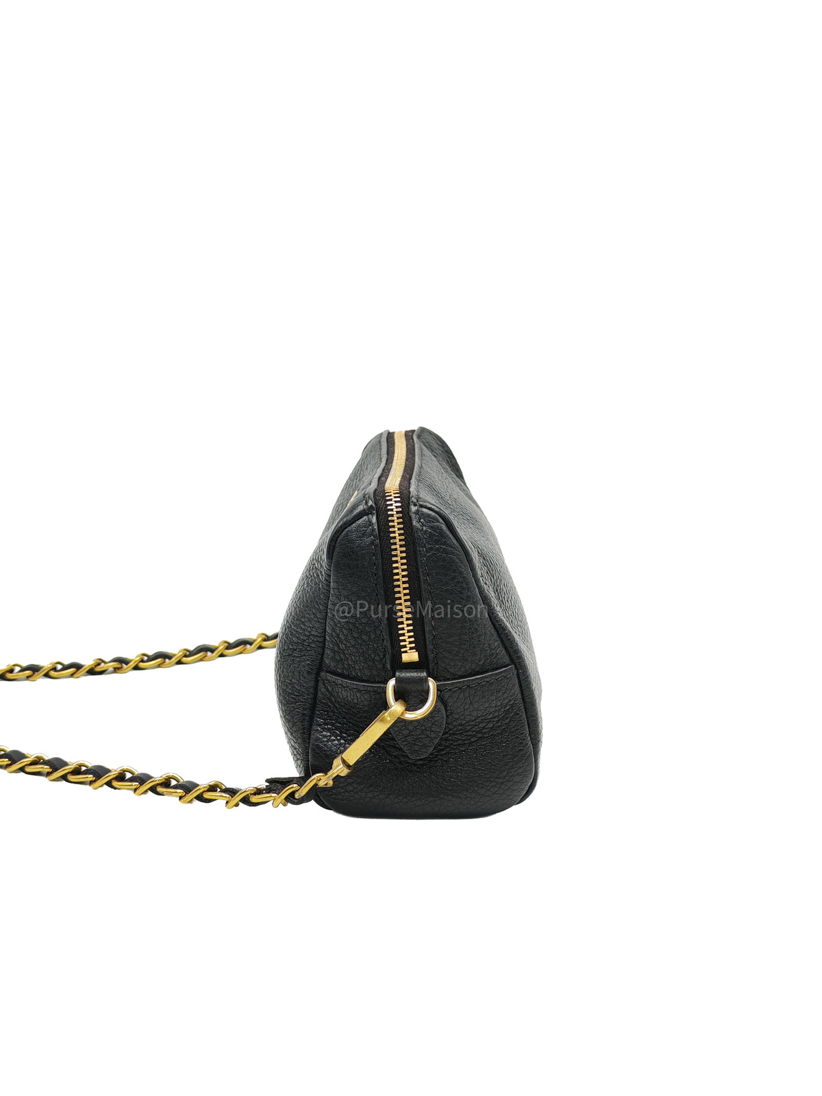 Prada 1ND004 Vitello Daino Cosmetic Pouch in Black Grained Leather and Gold Hardware | Purse Maison Luxury Bags Shop
