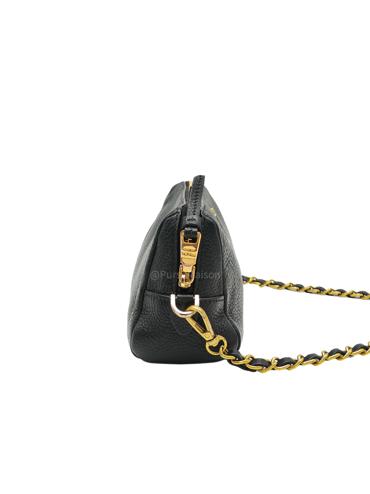 Prada 1ND004 Vitello Daino Cosmetic Pouch in Black Grained Leather and Gold Hardware | Purse Maison Luxury Bags Shop