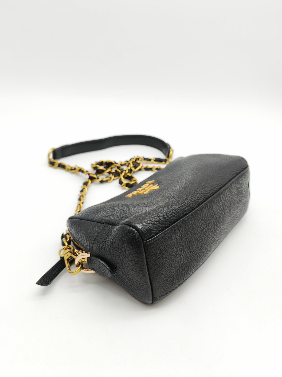 Prada 1ND004 Vitello Daino Cosmetic Pouch in Black Grained Leather and Gold Hardware | Purse Maison Luxury Bags Shop