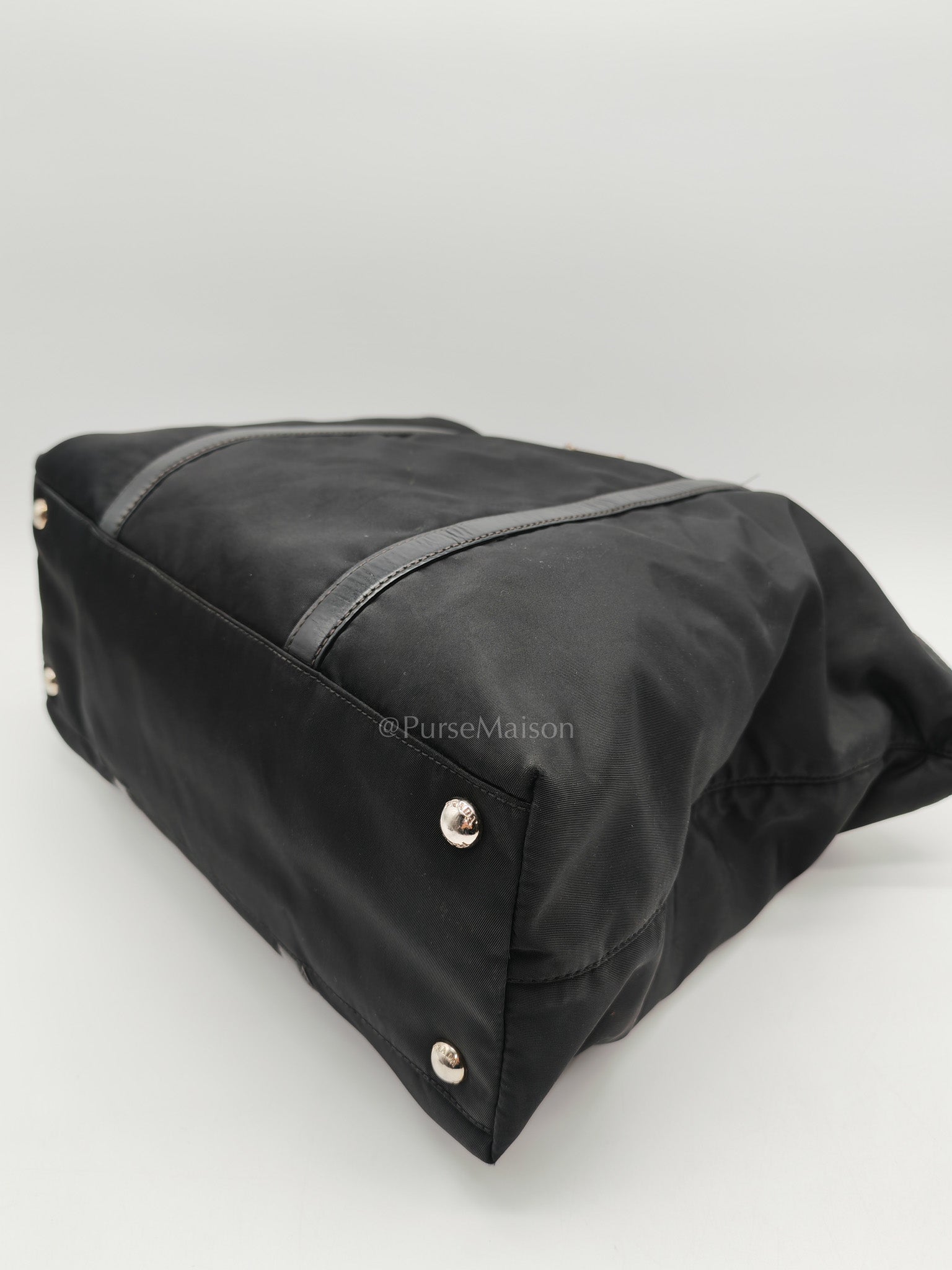 Prada BN1057 Boston Bag in Black Tessuto Nylon and Saffiano Leather Trim Silver Hardware | Purse Maison Luxury Bags Shop