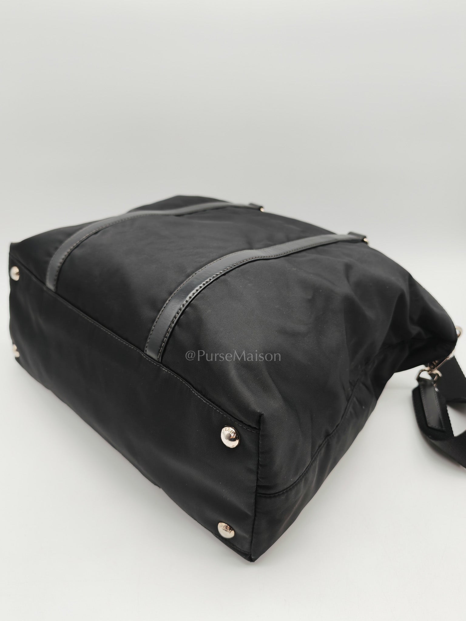 Prada BN1057 Boston Bag in Black Tessuto Nylon and Saffiano Leather Trim Silver Hardware | Purse Maison Luxury Bags Shop