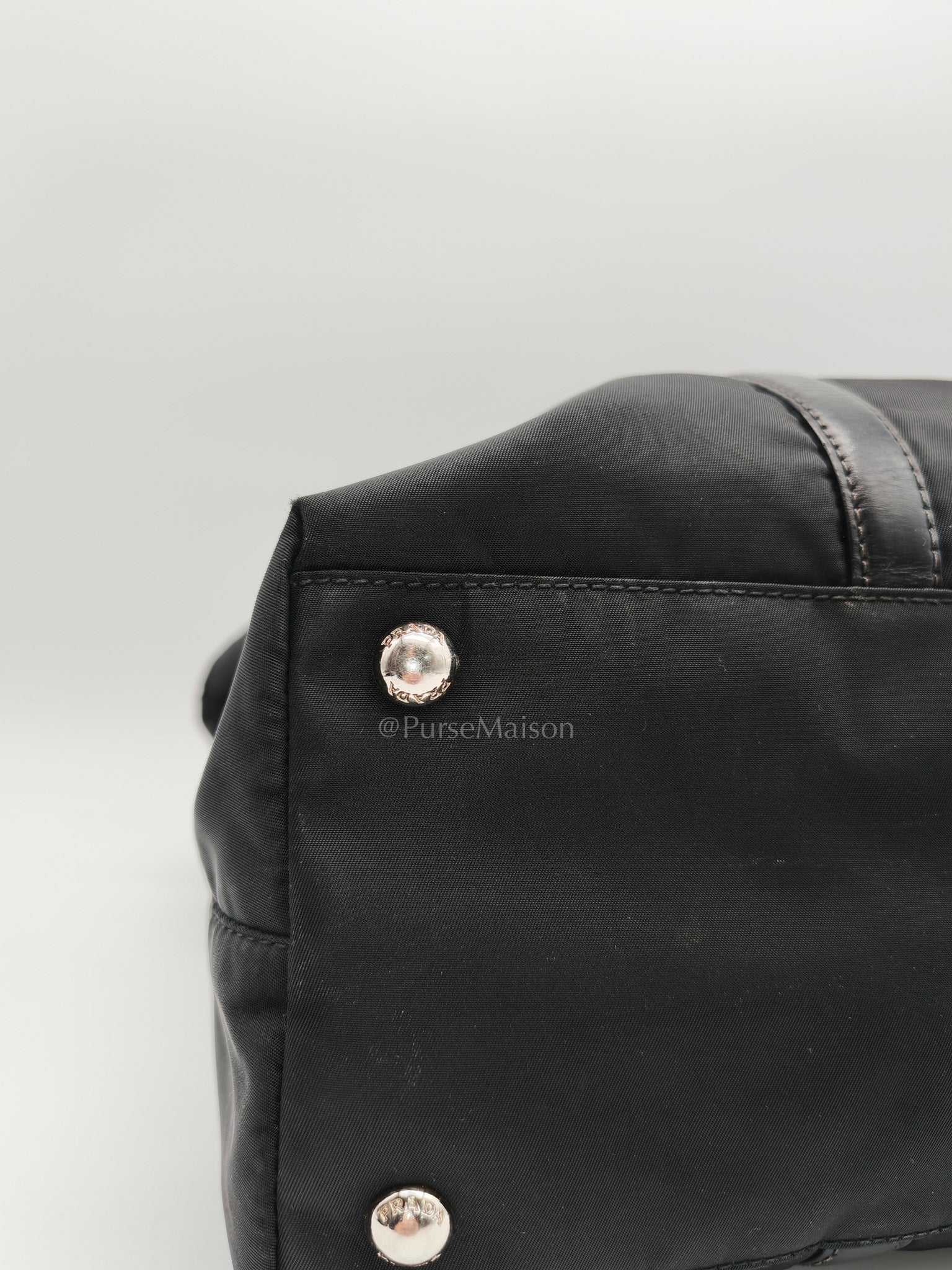 Prada BN1057 Boston Bag in Black Tessuto Nylon and Saffiano Leather Trim Silver Hardware | Purse Maison Luxury Bags Shop