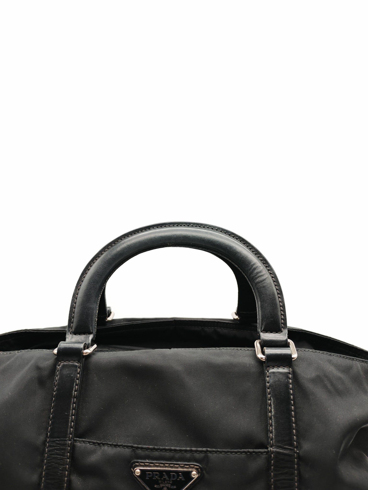 Prada BN1057 Boston Bag in Black Tessuto Nylon and Saffiano Leather Trim Silver Hardware | Purse Maison Luxury Bags Shop