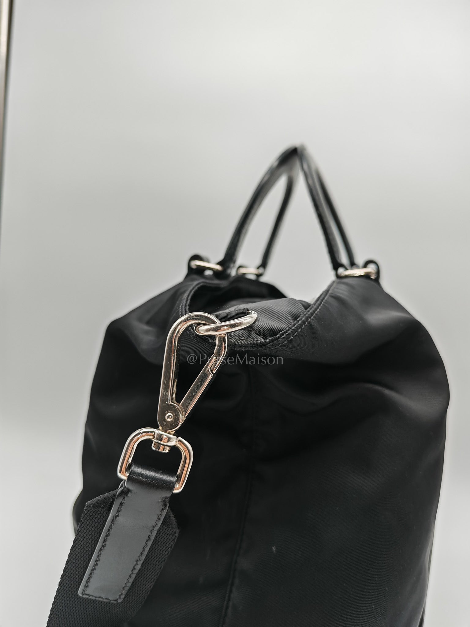 Prada BN1057 Boston Bag in Black Tessuto Nylon and Saffiano Leather Trim Silver Hardware | Purse Maison Luxury Bags Shop