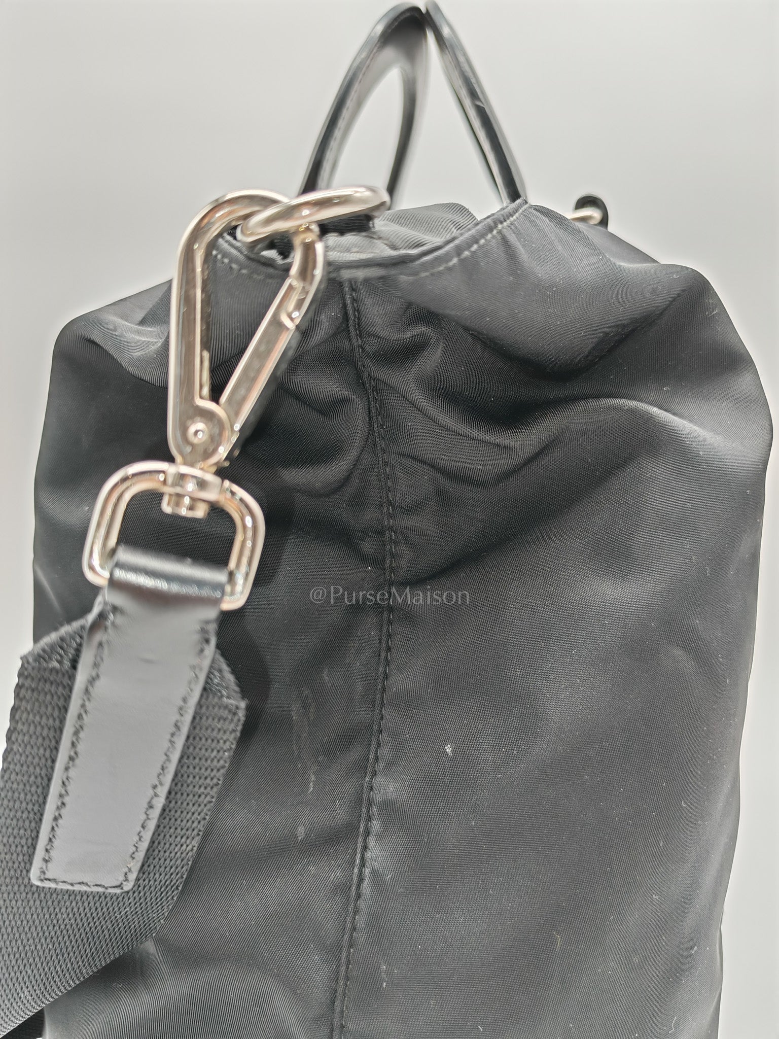 Prada BN1057 Boston Bag in Black Tessuto Nylon and Saffiano Leather Trim Silver Hardware | Purse Maison Luxury Bags Shop
