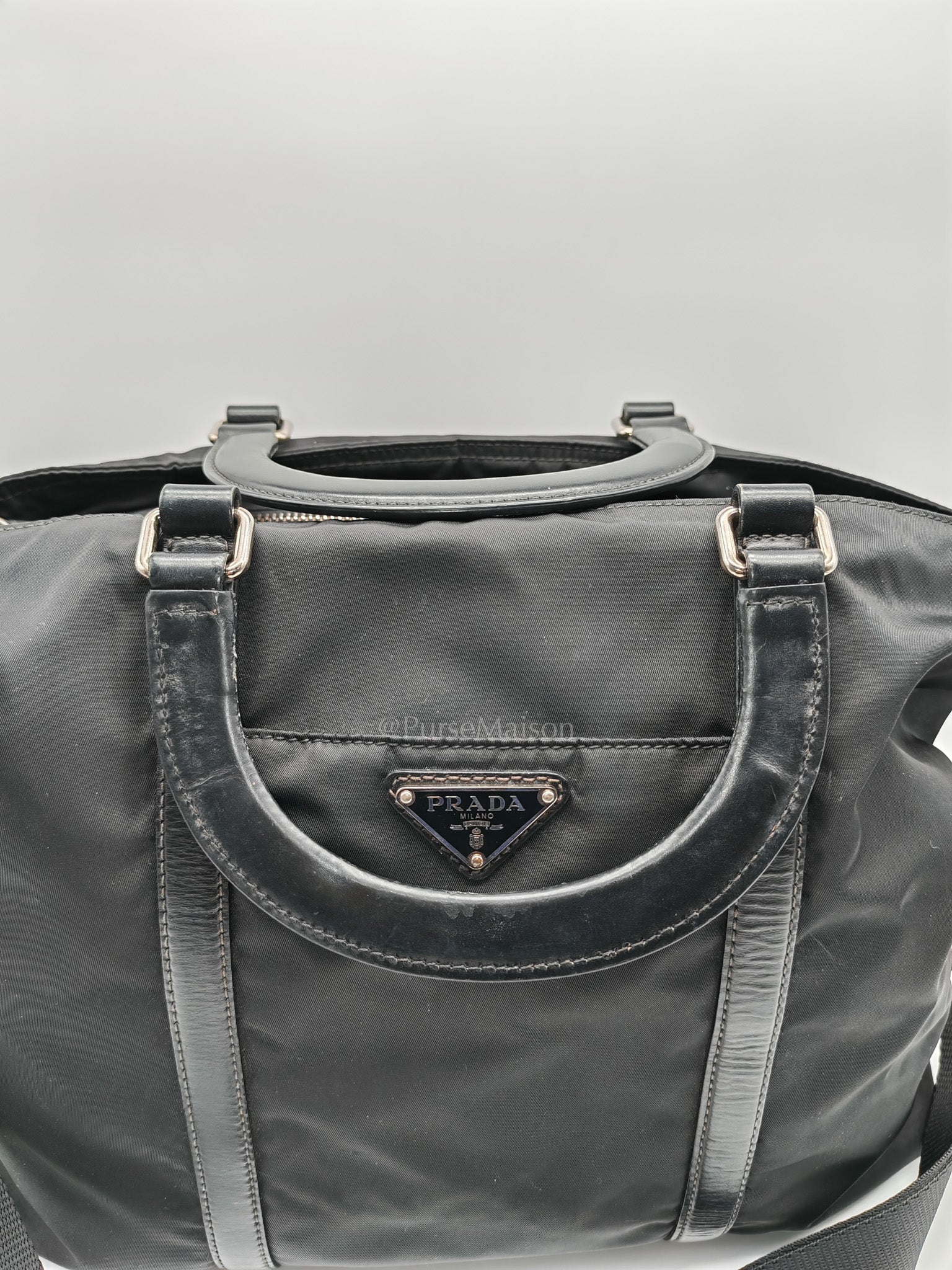 Prada BN1057 Boston Bag in Black Tessuto Nylon and Saffiano Leather Trim Silver Hardware | Purse Maison Luxury Bags Shop