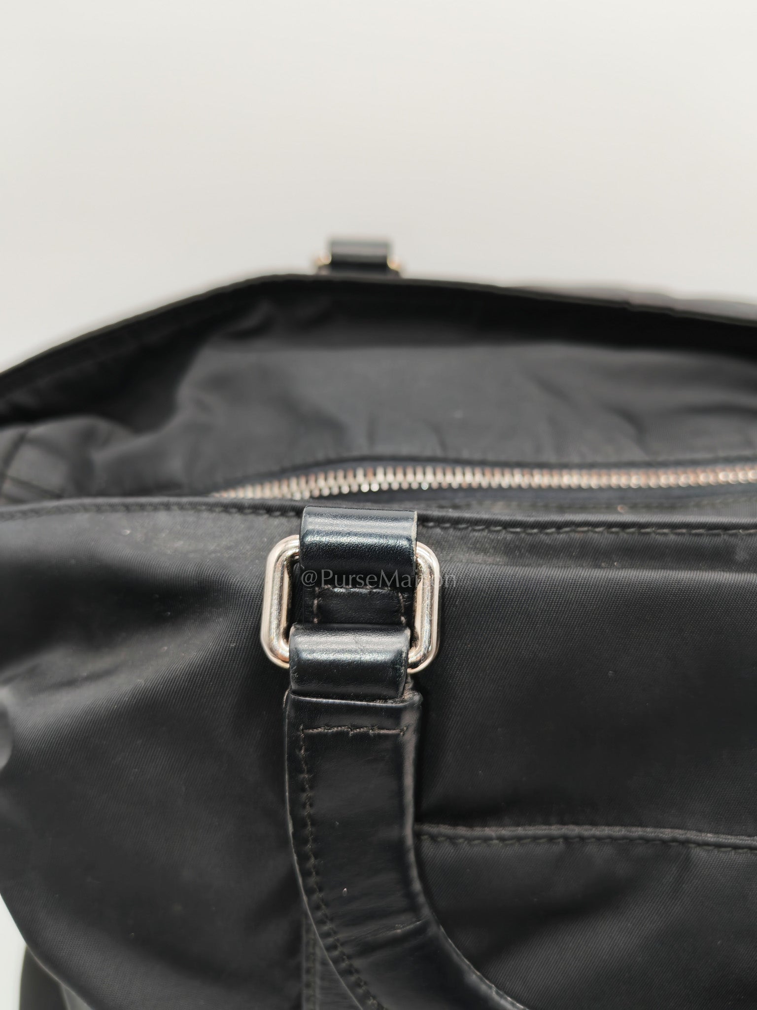 Prada BN1057 Boston Bag in Black Tessuto Nylon and Saffiano Leather Trim Silver Hardware | Purse Maison Luxury Bags Shop